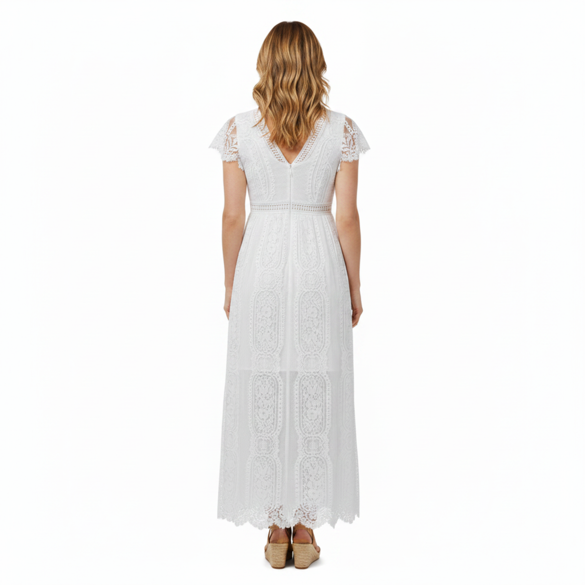 Women's Floral Lace Maxi Dress with Cap Sleeves and Scalloped Hem A-Line Fit