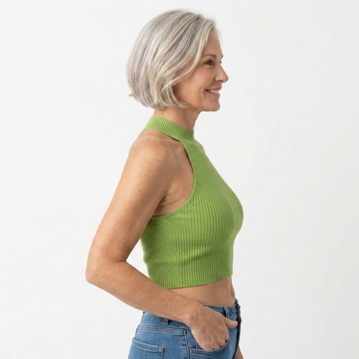 Ribbed crop top tank for women featuring mock neck and racerback cut