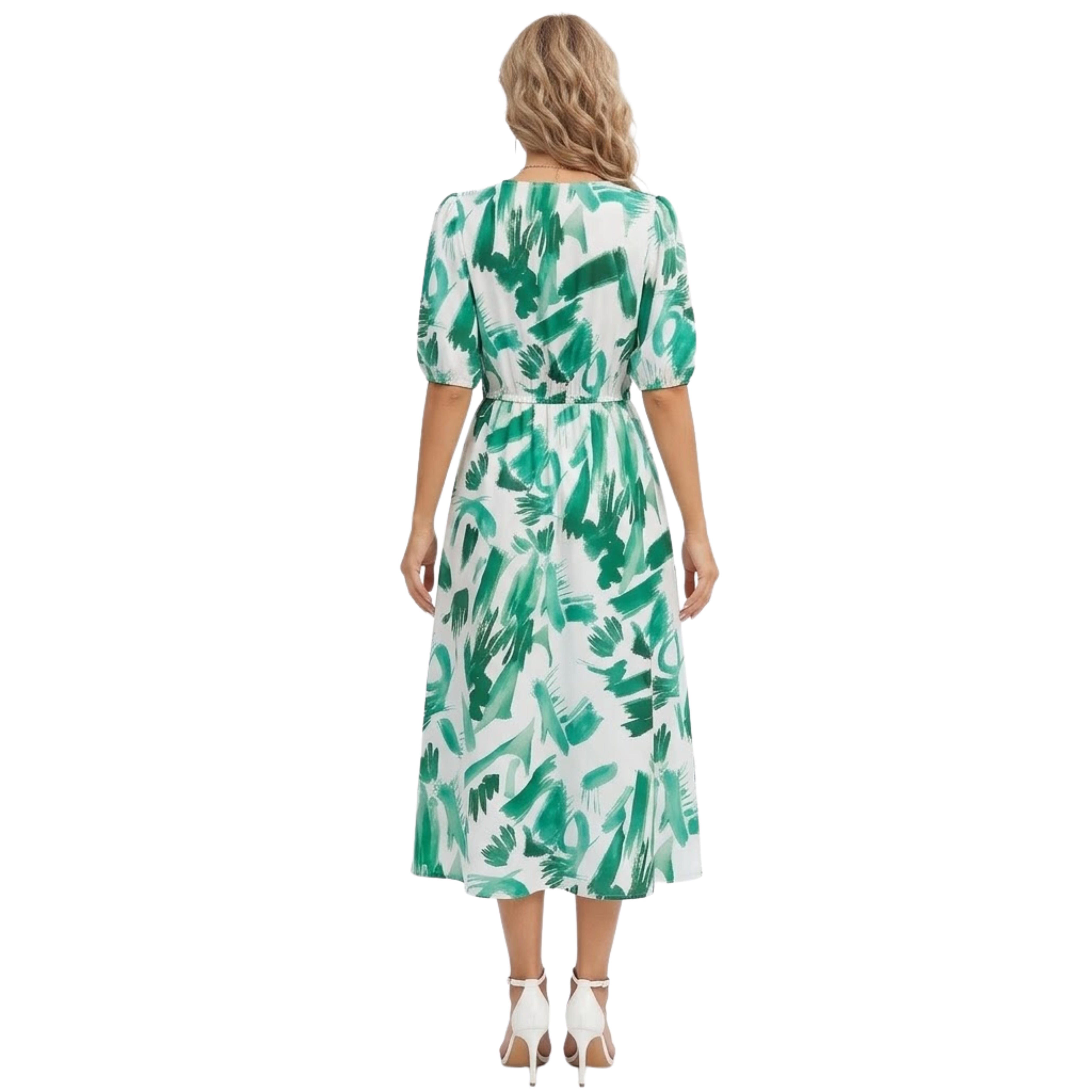 Women's V-Neck Short Sleeve Floral Midi Dress Elastic High Waist Cotton Blend Chiffon