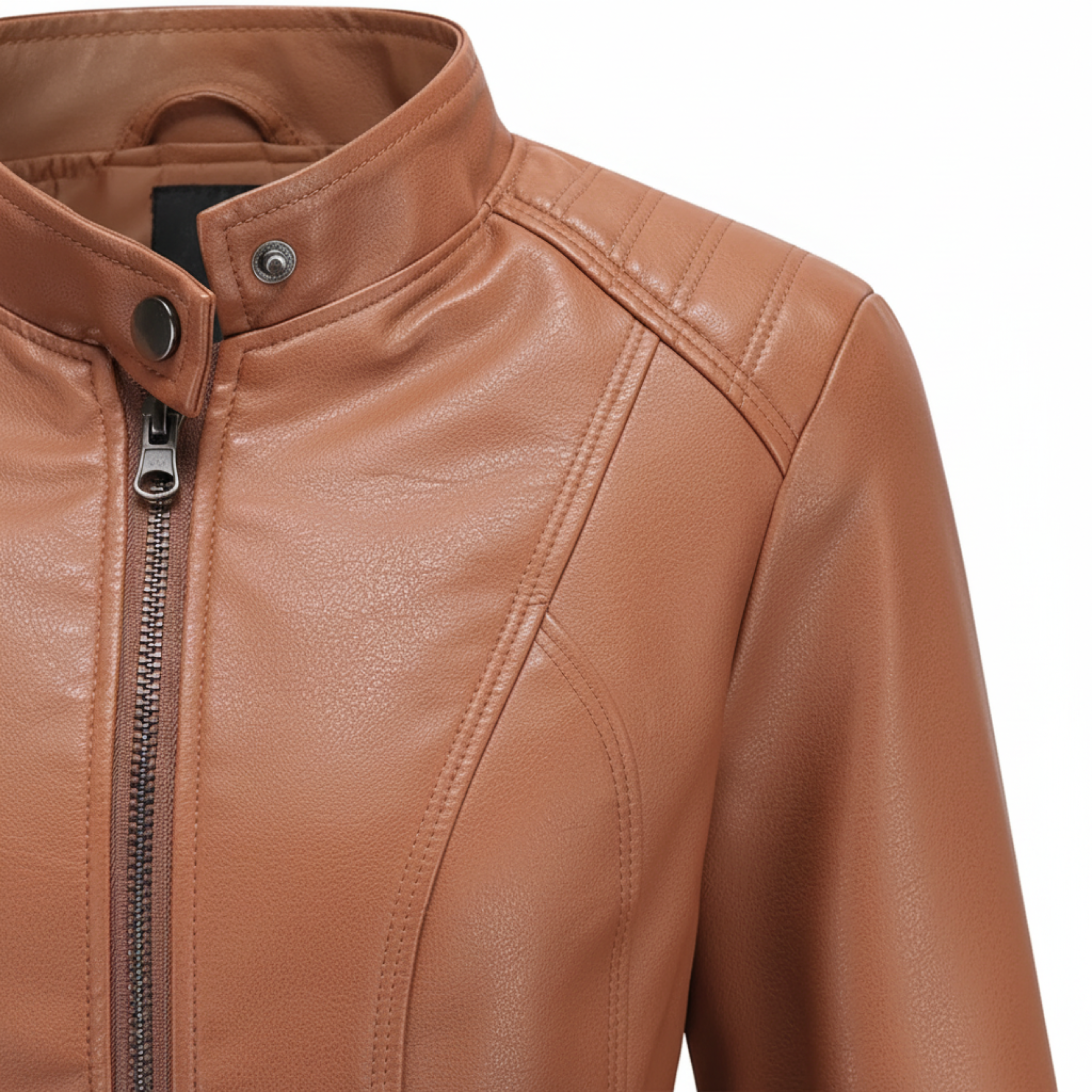 Faux Leather Biker Jacket for Women with Stand Collar and Zip Pockets