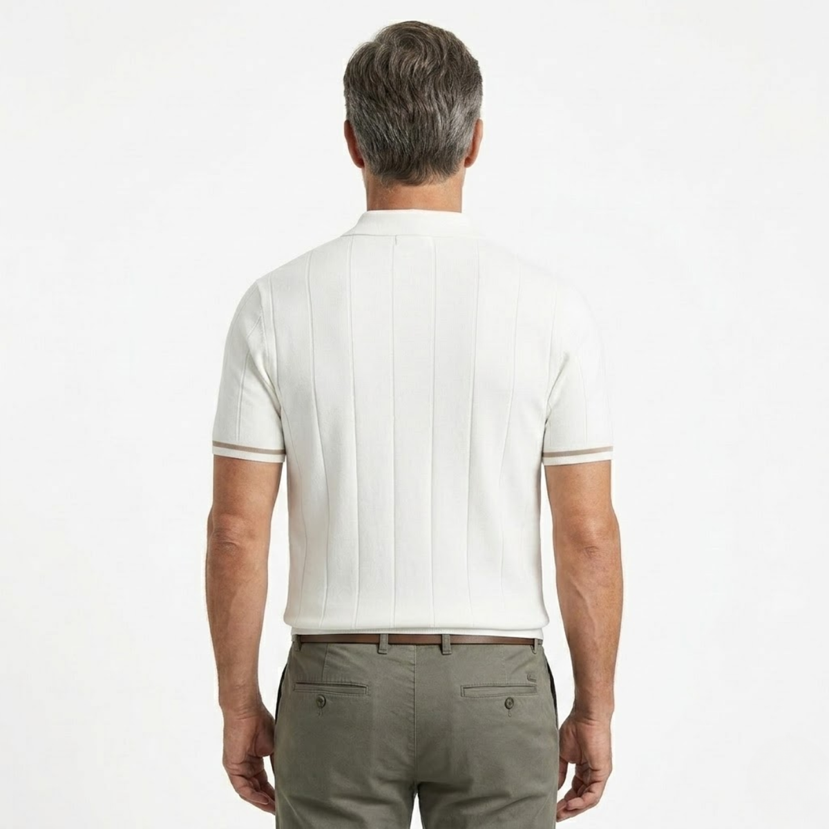 Men's short sleeve knit polo — half-zip vertical stripes — business casual