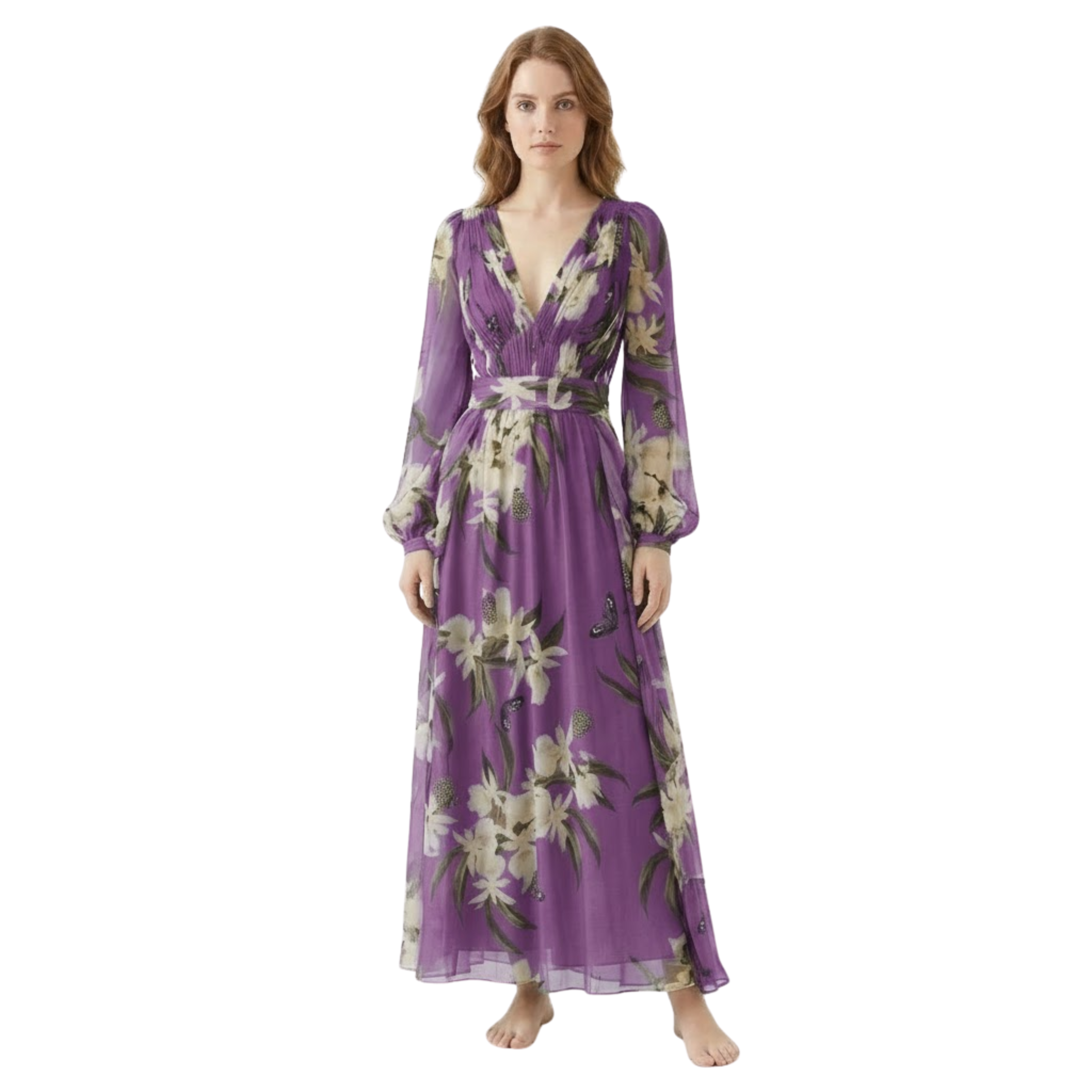 Women’s Long Sleeve Floral Maxi Dress V-Neck High Waist Flowy Print Evening Gown