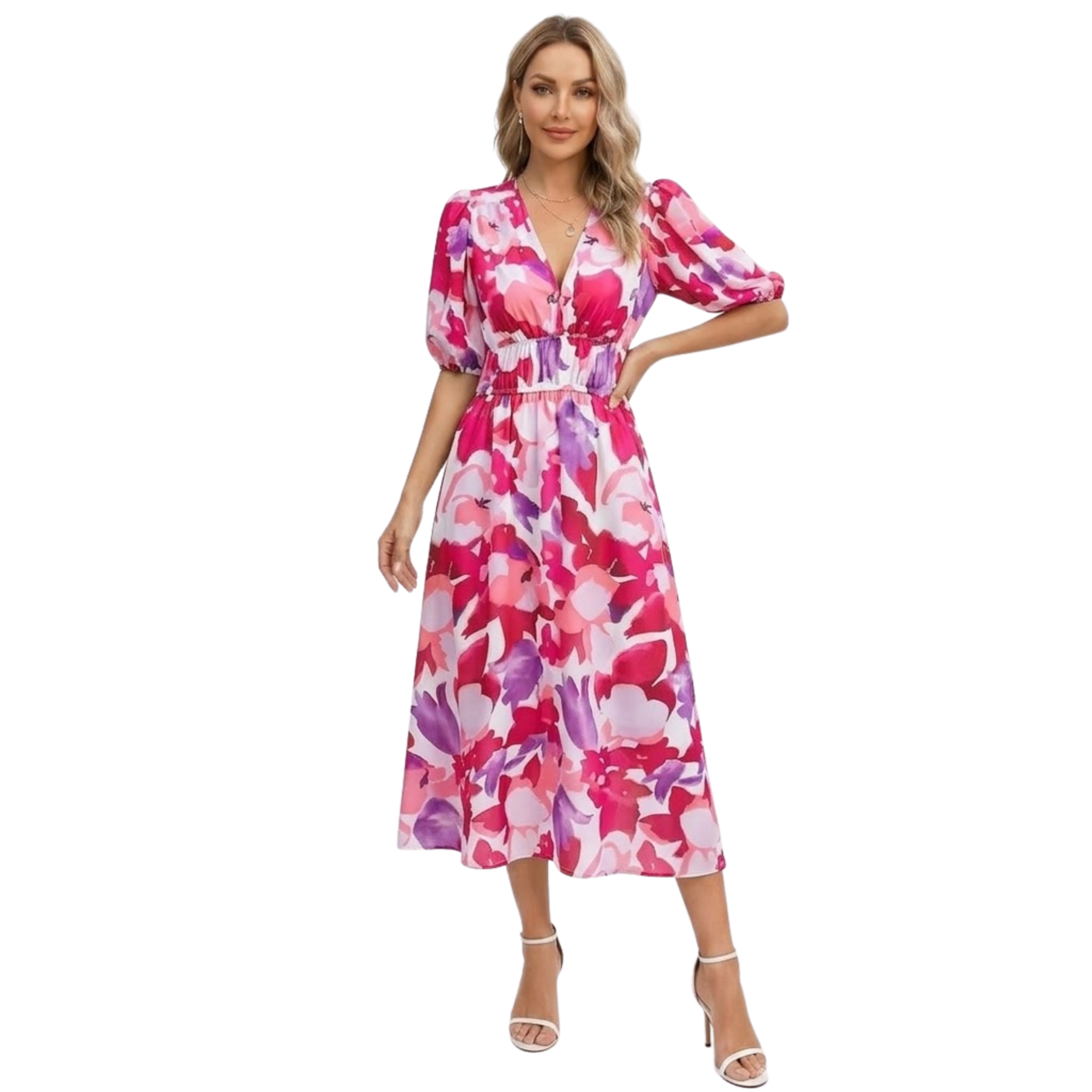 Women's V-Neck Short Sleeve Floral Midi Dress Elastic High Waist Cotton Blend Chiffon