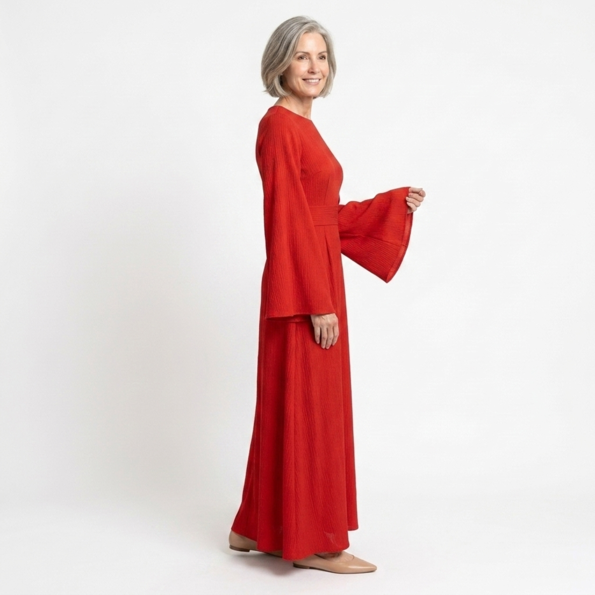 Women's Crew Neck Maxi Dress Bell Sleeve Ribbed Belted Waist Flowy Long Dress