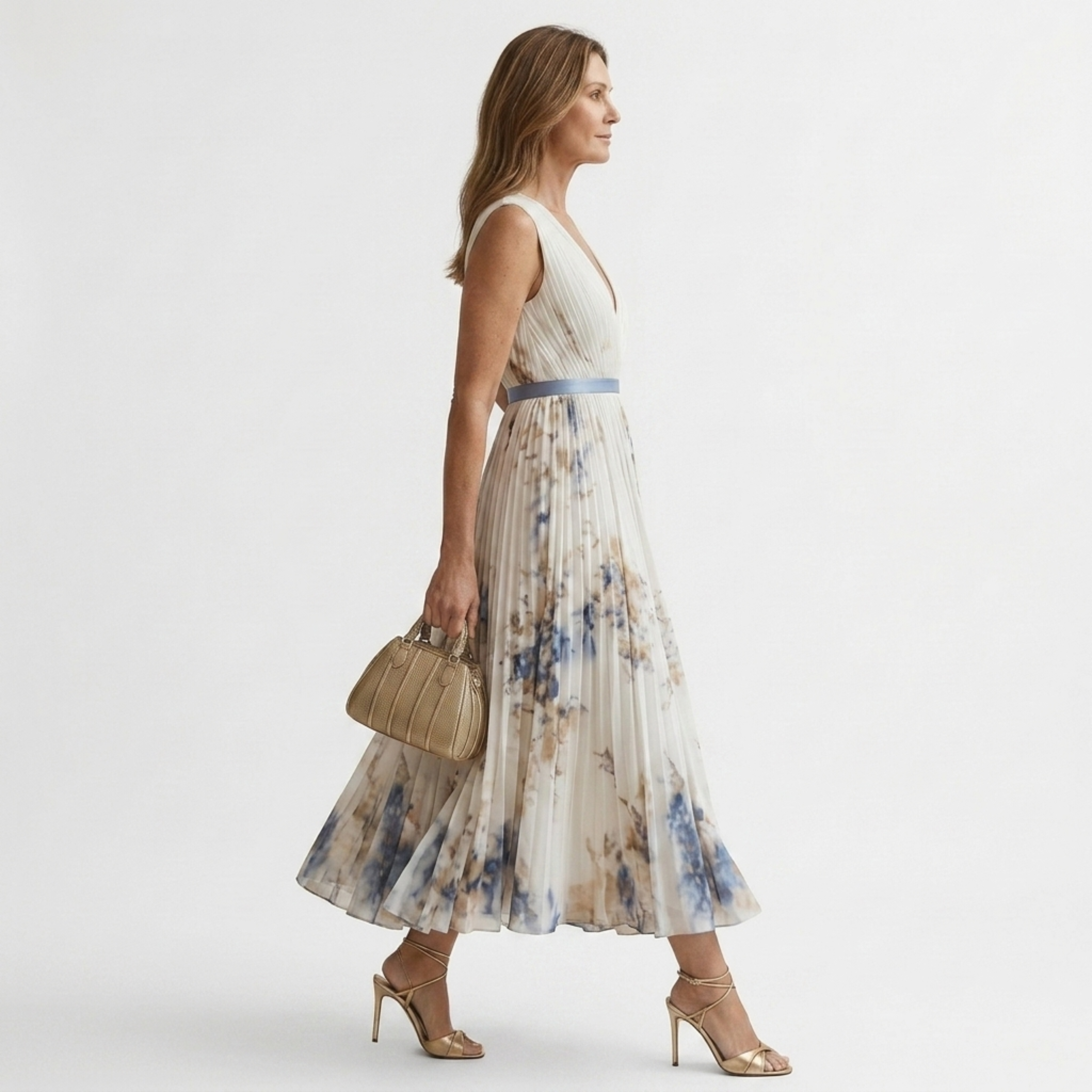 Women's v-neck midi dress — sleeveless pleated skirt with pockets — wedding guest