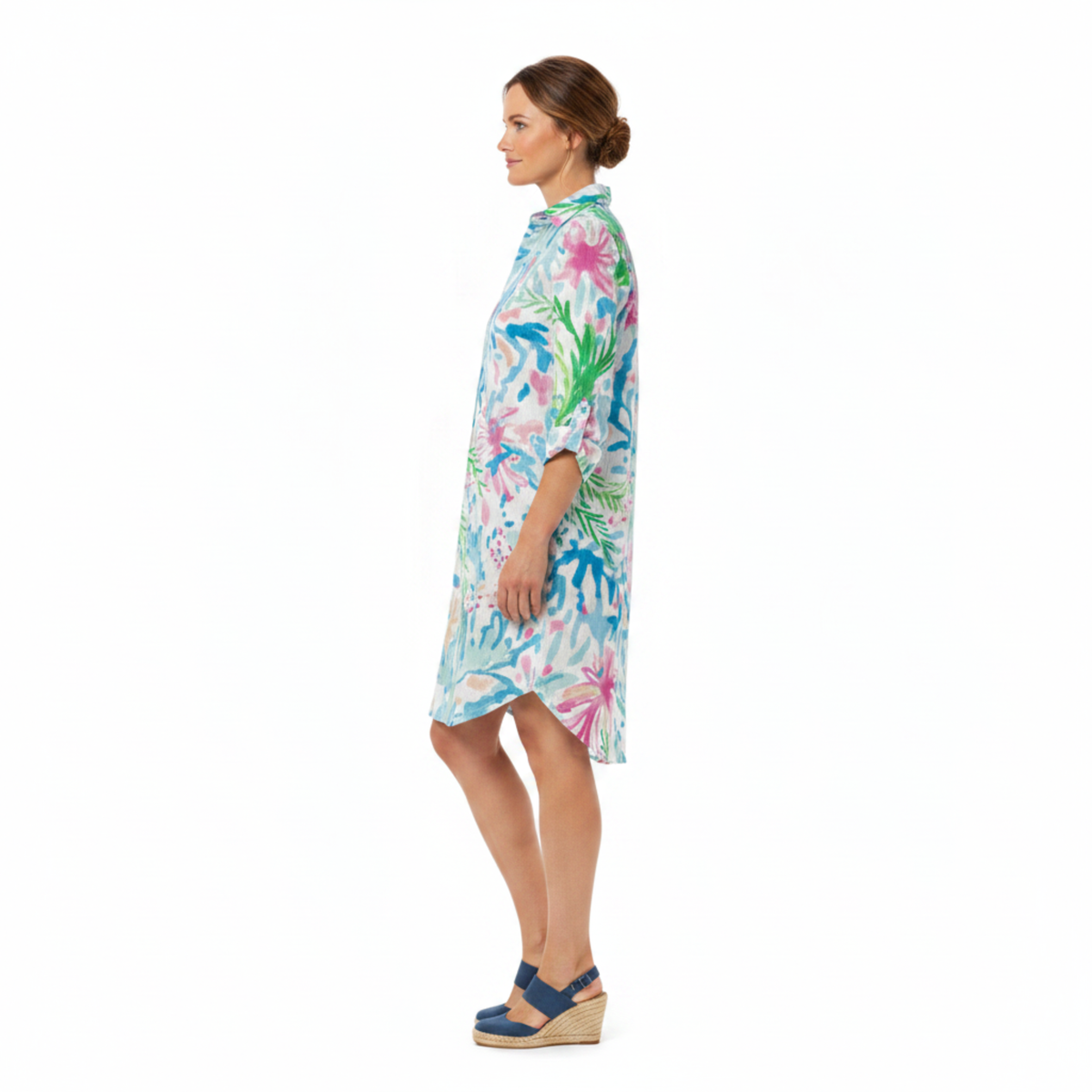 Tropical Print Shirt Dress Women's Beach Cover Up with 3/4 Roll-Tab Sleeves