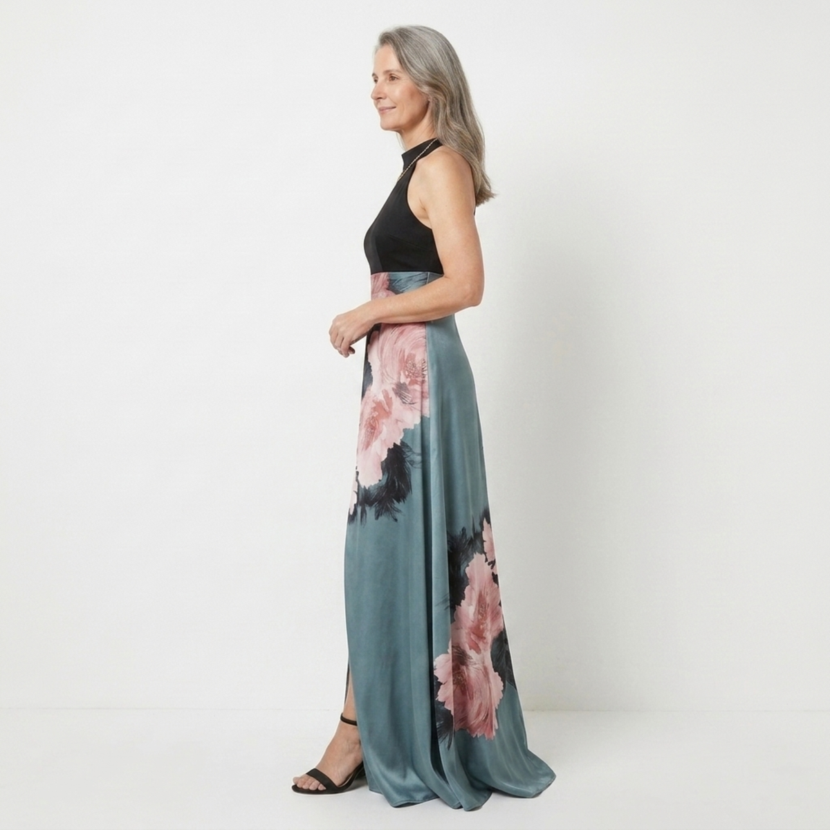 Women's Floral Maxi Dress Sleeveless High Neck Side Slit A-Line Formal Party Dress