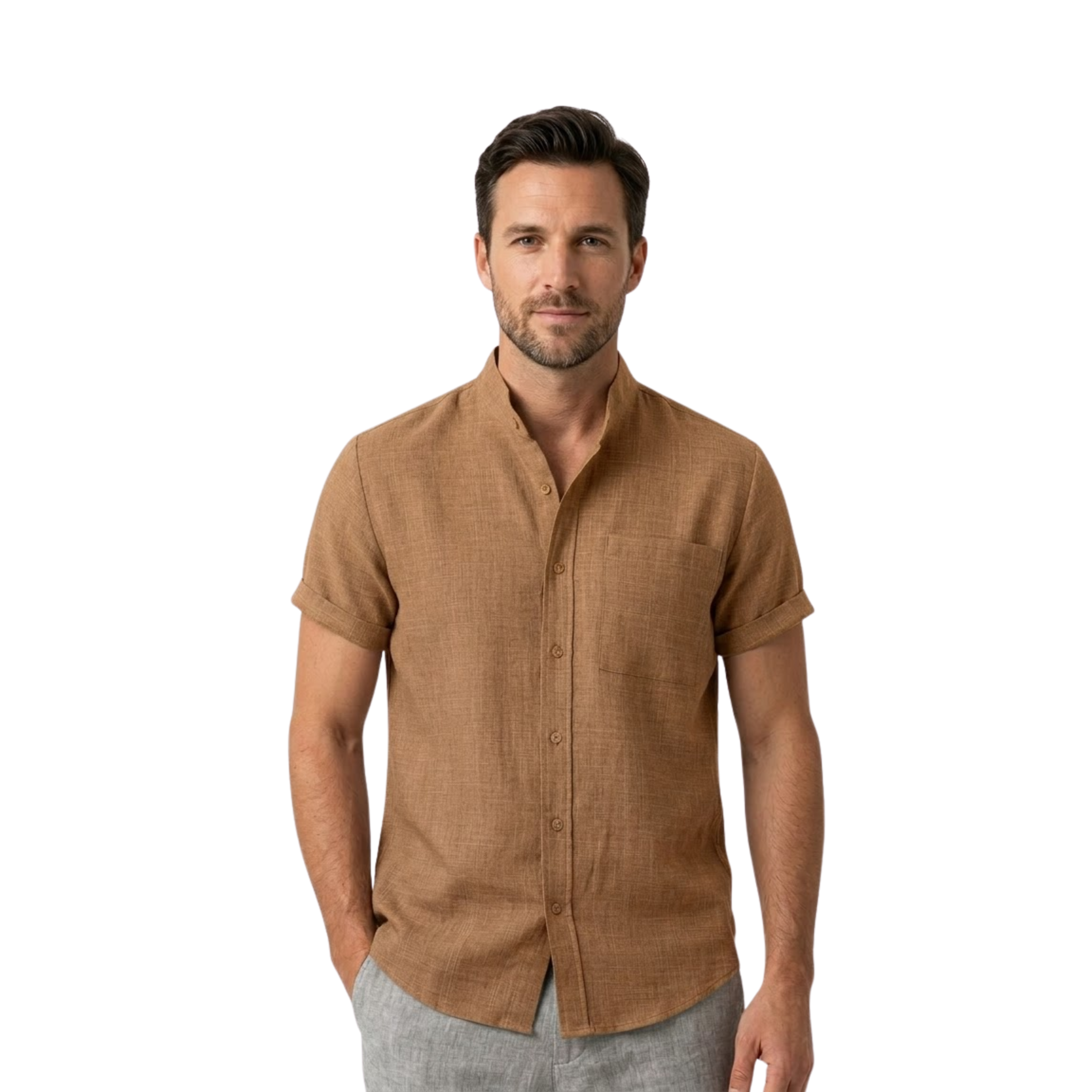 Men's Short Sleeve Cotton Linen Shirt Casual Loose Mandarin Collar Beach Top