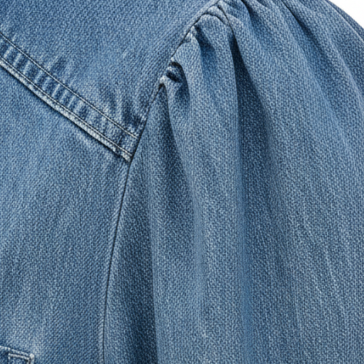 Short Sleeve Denim Shirt Women's Puff Sleeve Button Up Blouse with Pocket
