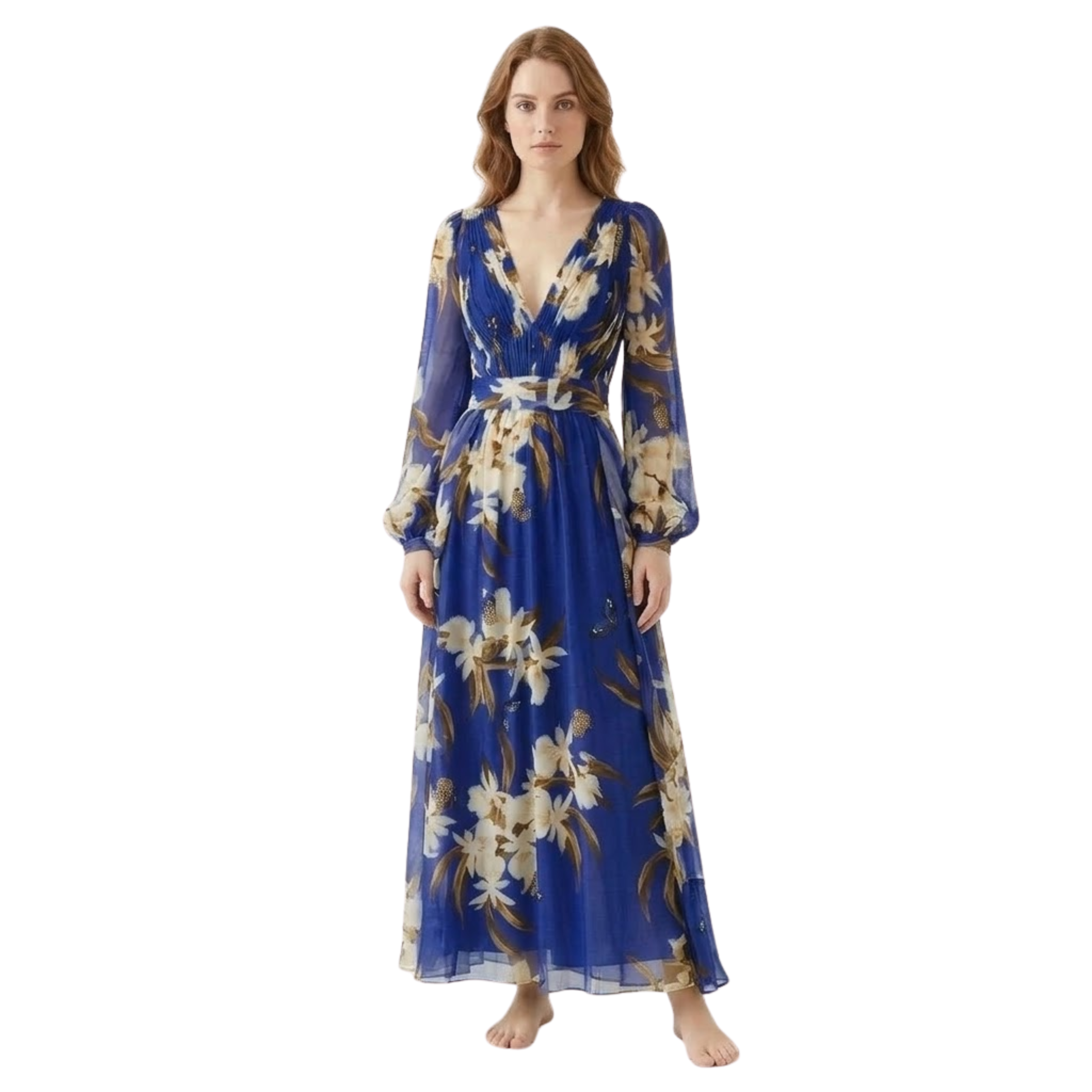 Women’s Long Sleeve Floral Maxi Dress V-Neck High Waist Flowy Print Evening Gown