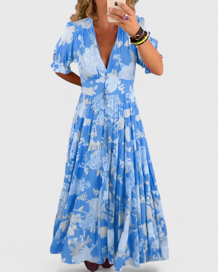 Women's maxi dress - v-neck design with practical pockets