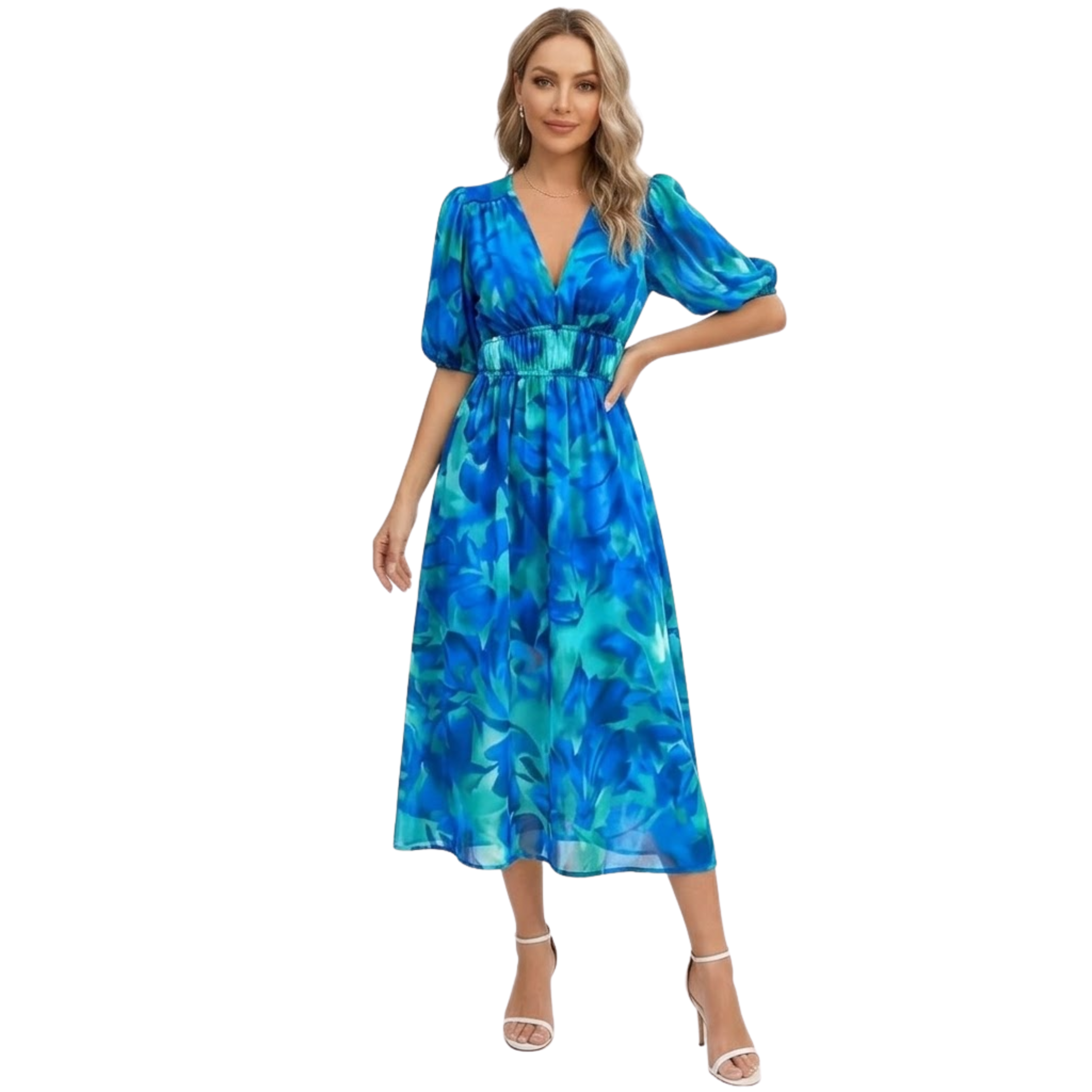 Women's V-Neck Short Sleeve Floral Midi Dress Elastic High Waist Cotton Blend Chiffon