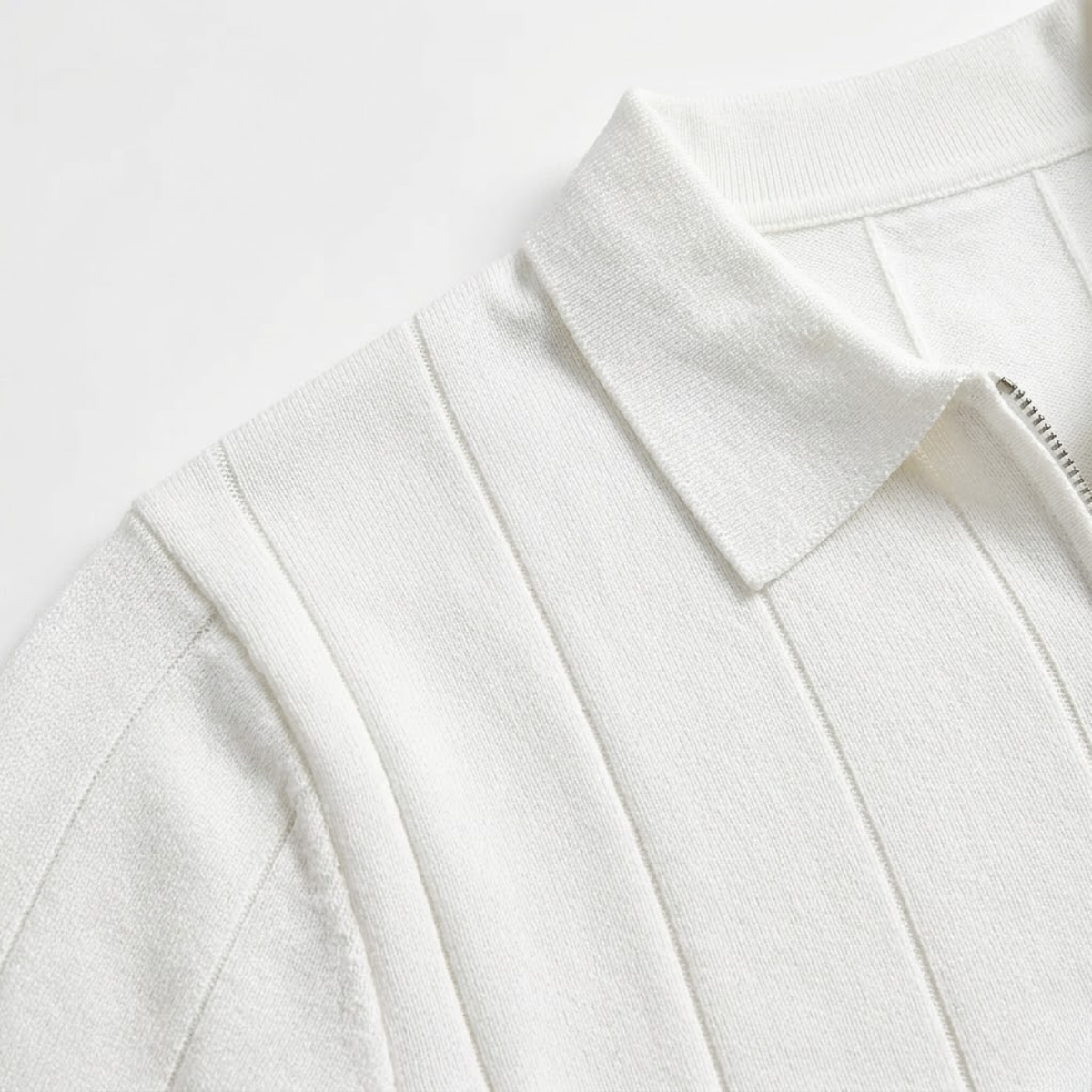 Men's short sleeve knit polo — half-zip vertical stripes — business casual