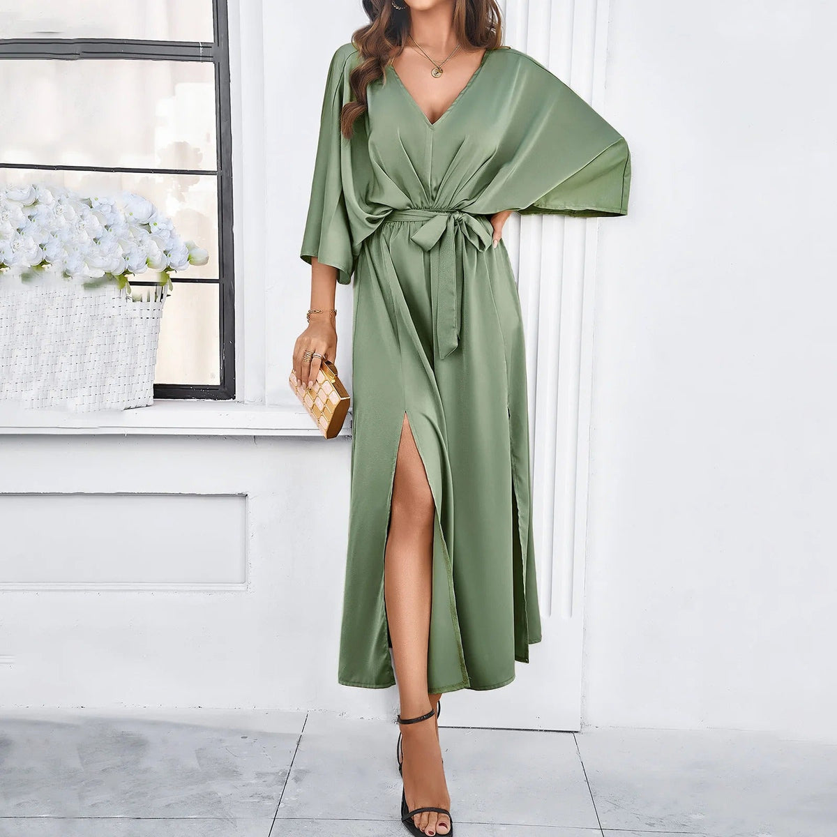 V-Neck Maxi Wrap Dress