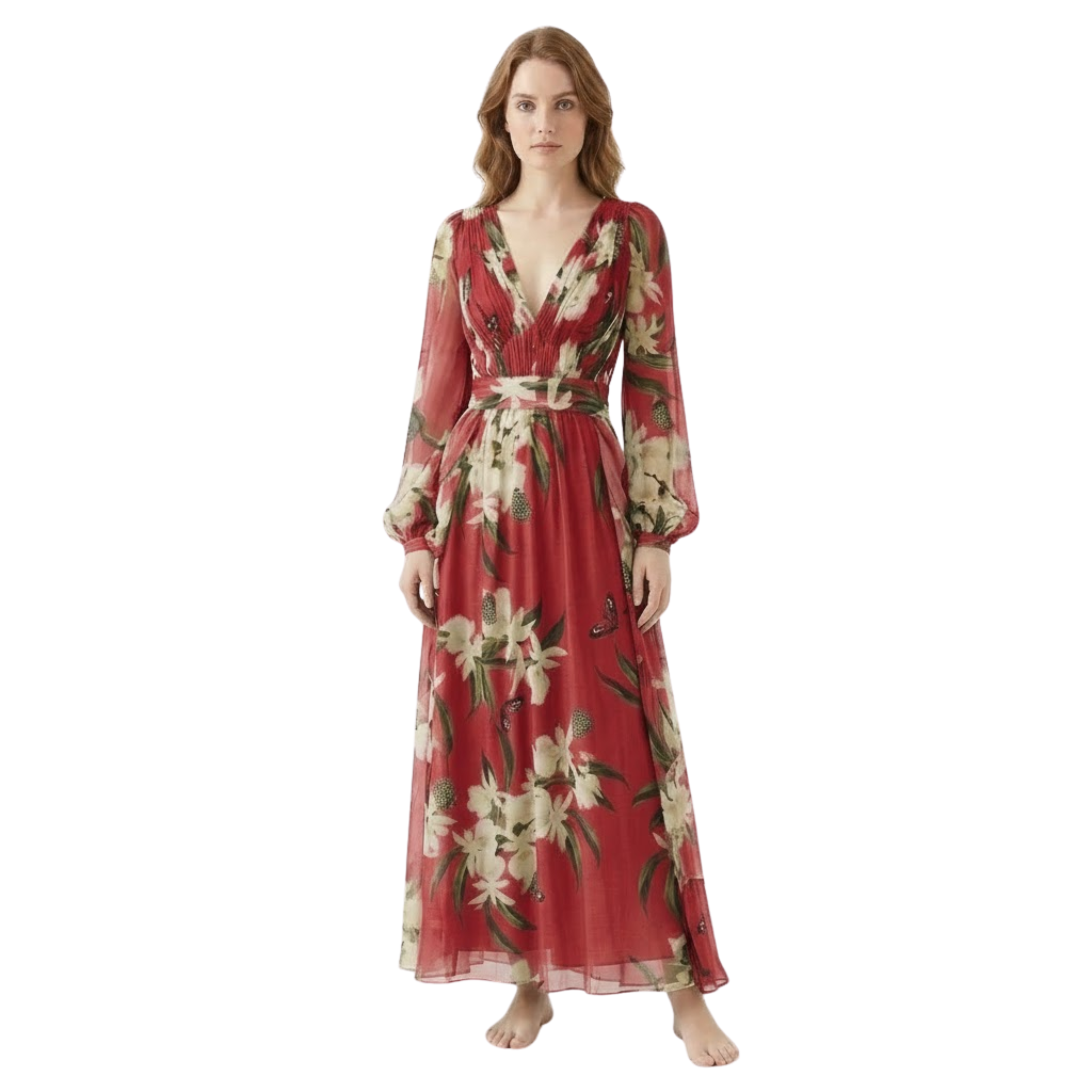 Women’s Long Sleeve Floral Maxi Dress V-Neck High Waist Flowy Print Evening Gown