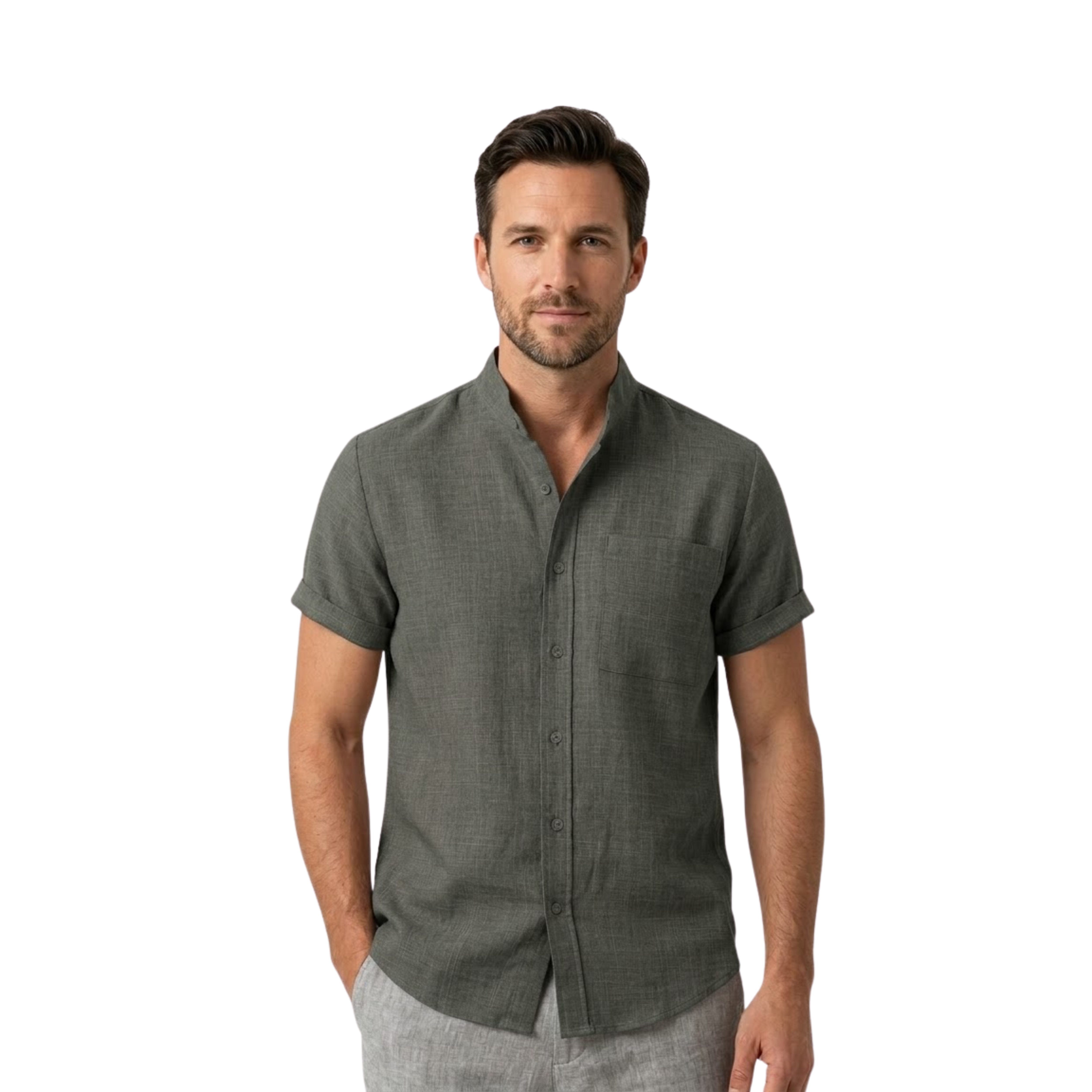 Men's Short Sleeve Cotton Linen Shirt Casual Loose Mandarin Collar Beach Top