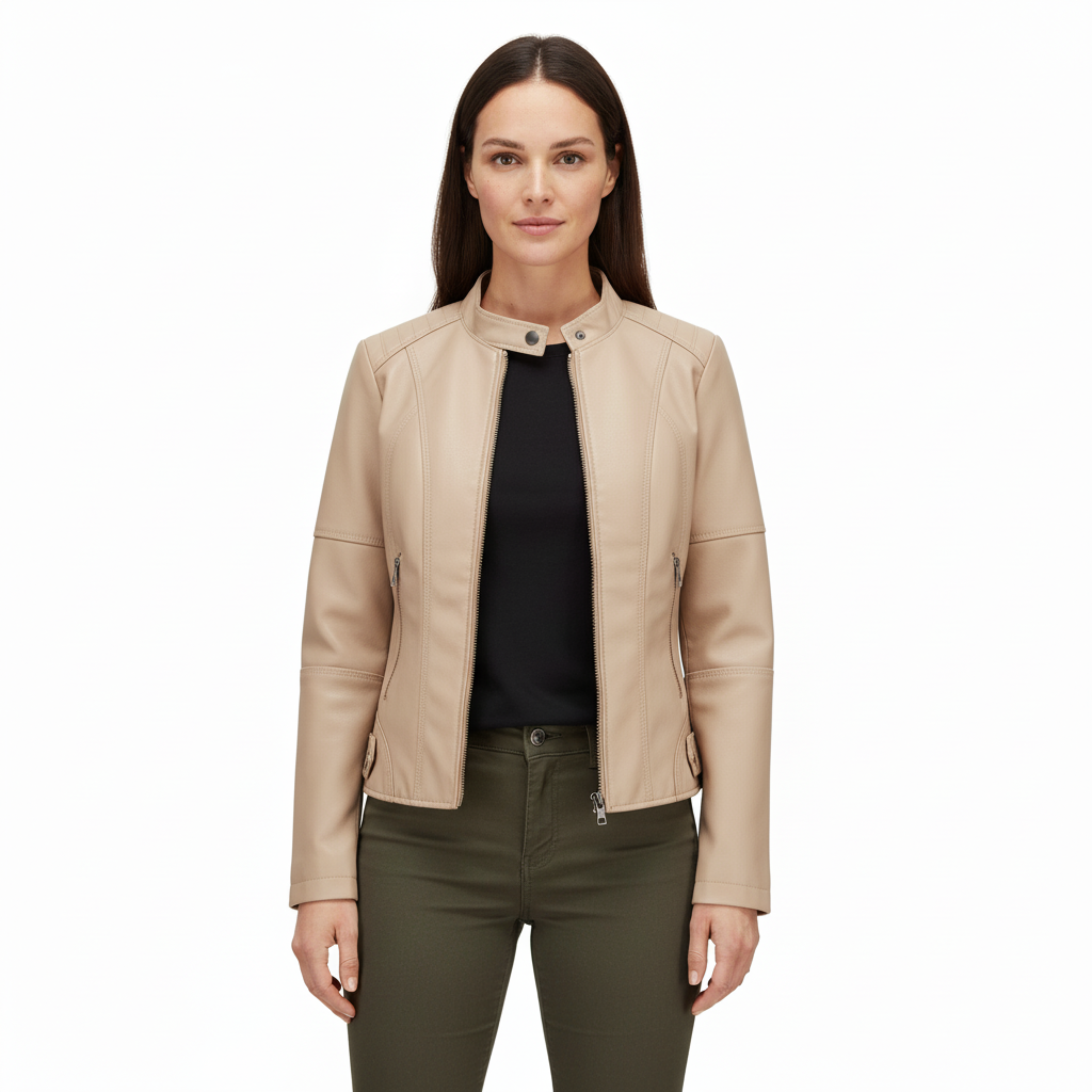Faux Leather Biker Jacket for Women with Stand Collar and Zip Pockets