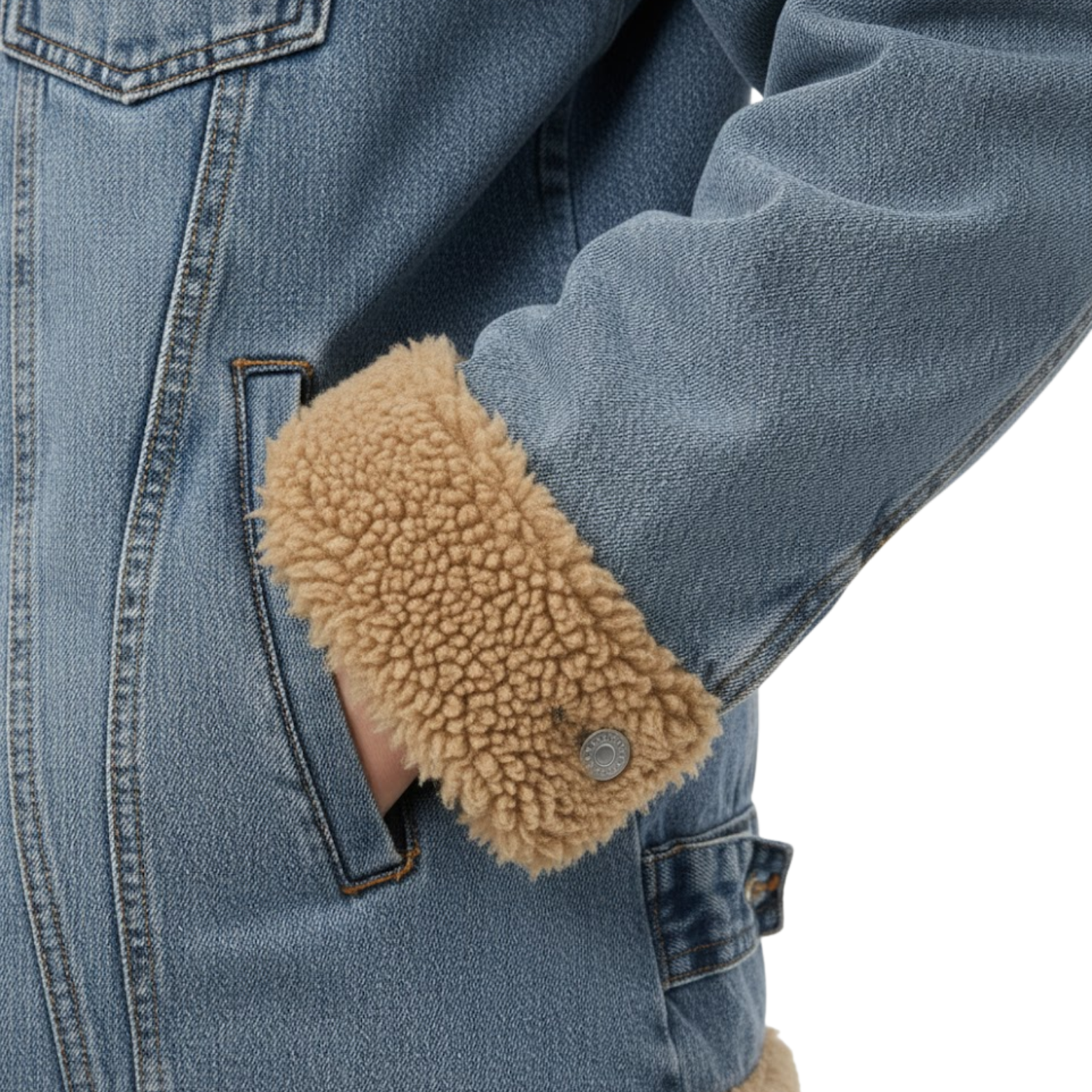 Women's Long Denim Coat Shearling Lined Faux Fur Collar Button Down Jean Jacket