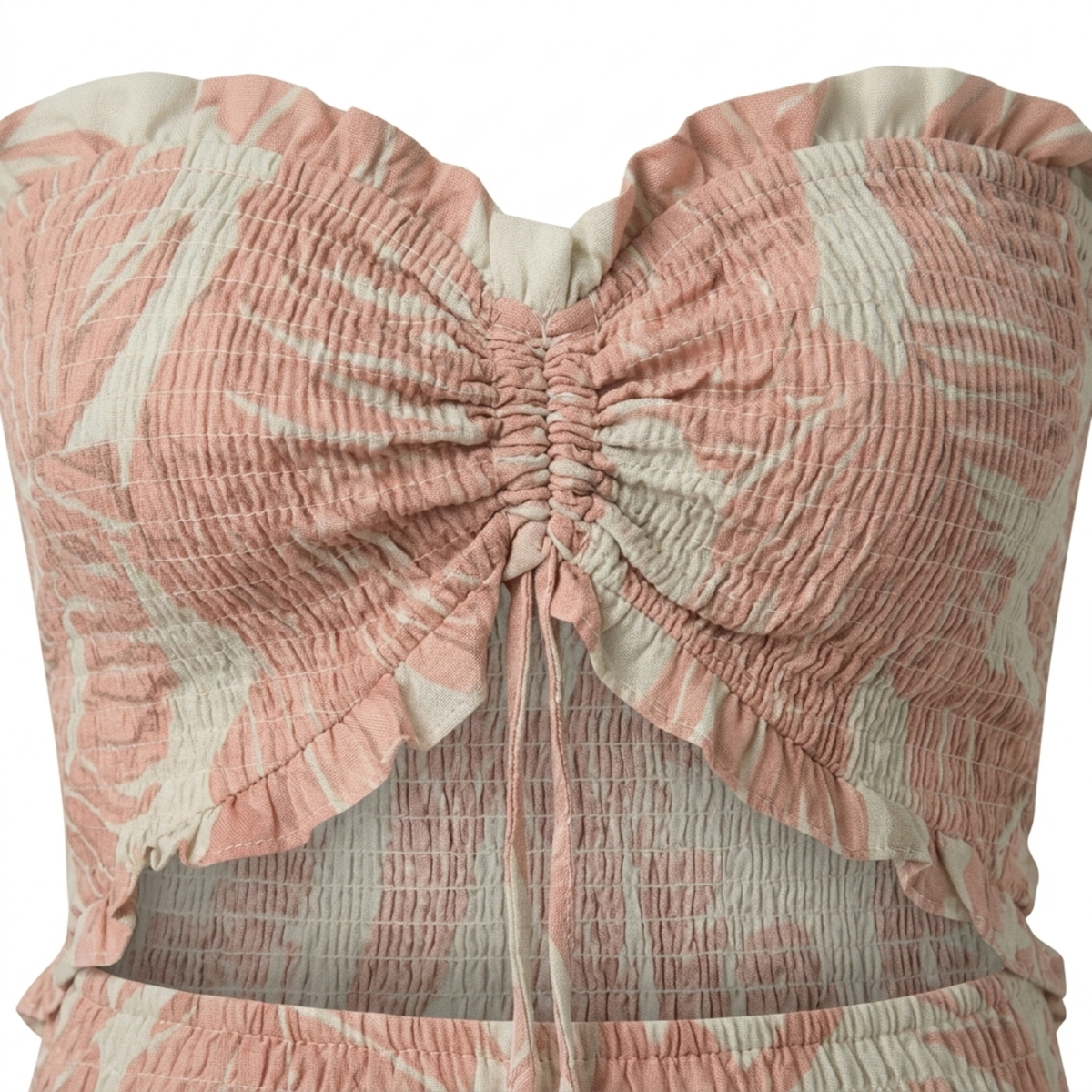 Women's Strapless Maxi Dress Tropical Leaf Print Ruched Waist Cut-Out Beach Dress