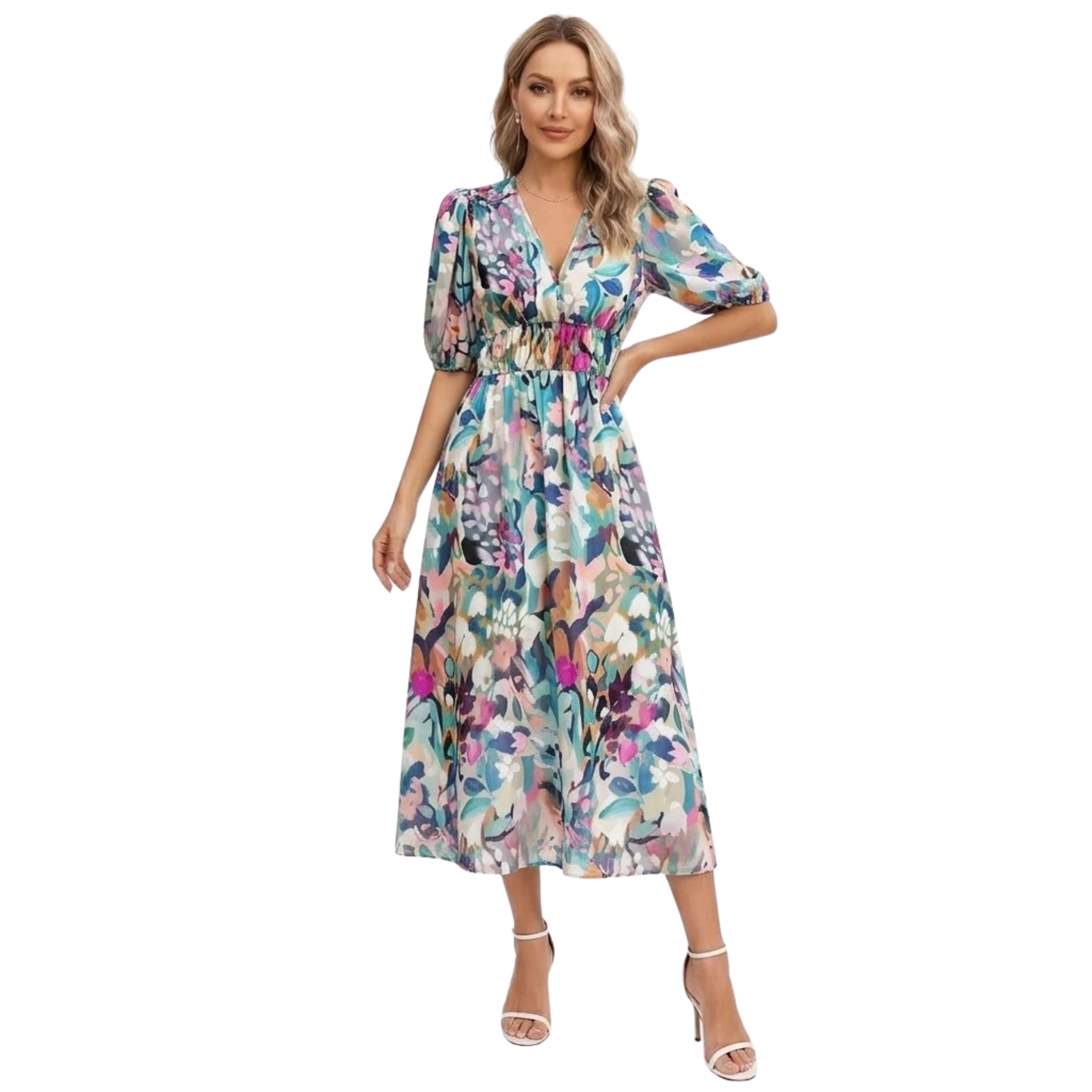 Women's V-Neck Short Sleeve Floral Midi Dress Elastic High Waist Cotton Blend Chiffon