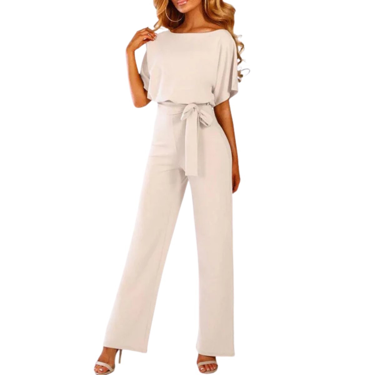 Women's short-sleeve jumpsuit — tie waist wide leg — casual events
