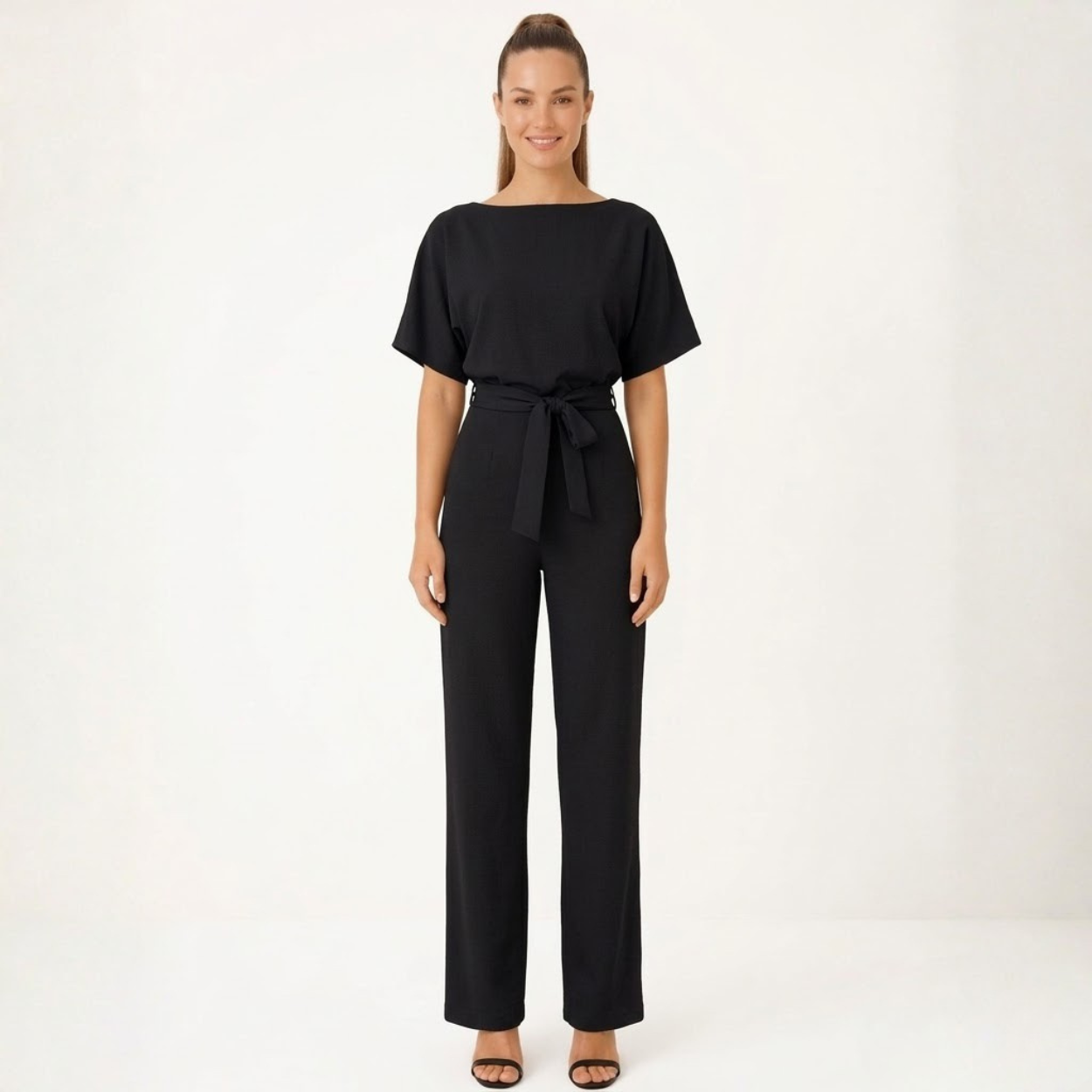 Wide Leg Jumpsuit for Women with Belted Waist and Short Kimono Sleeves