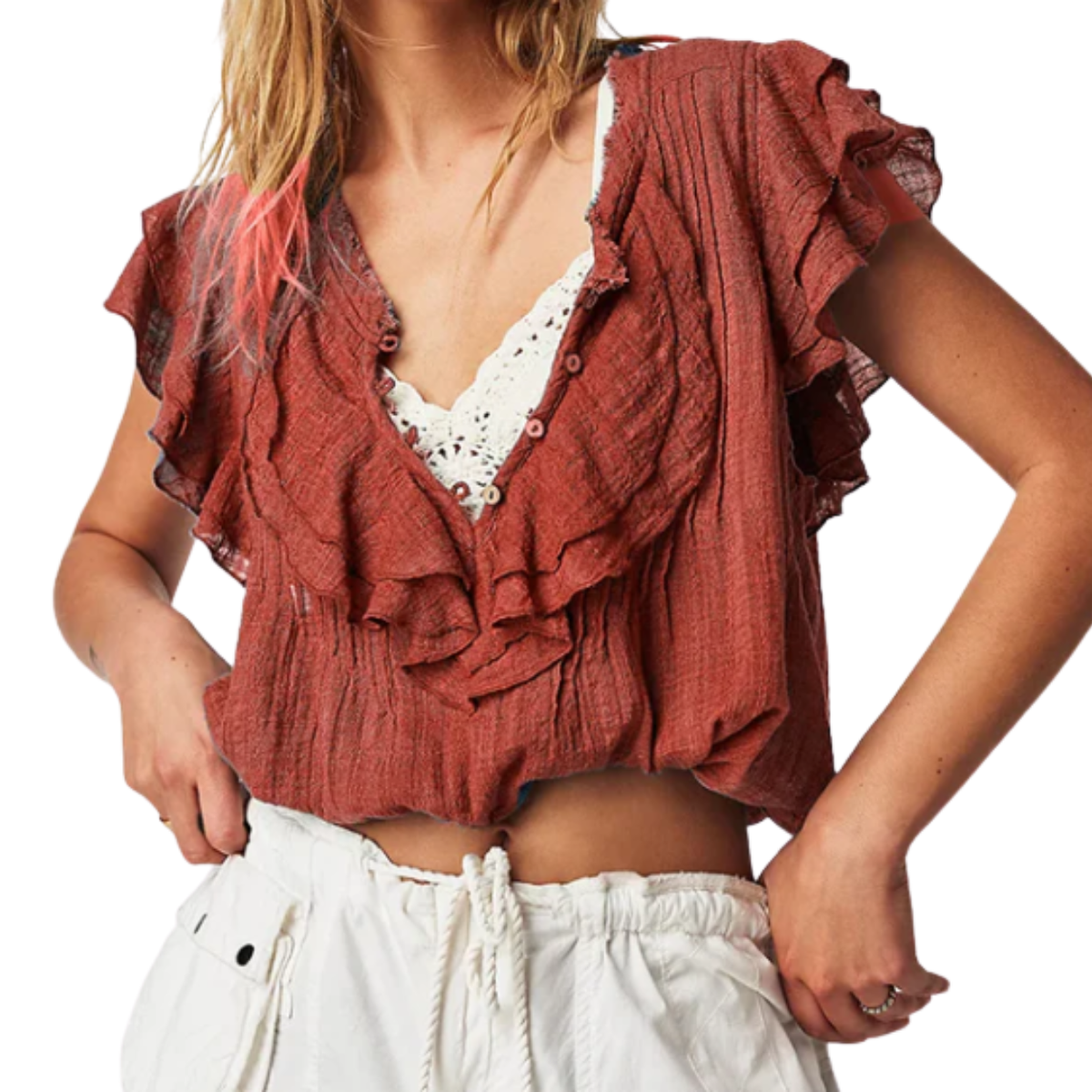 Crop top blouse for women in cotton gauze with flutter sleeves