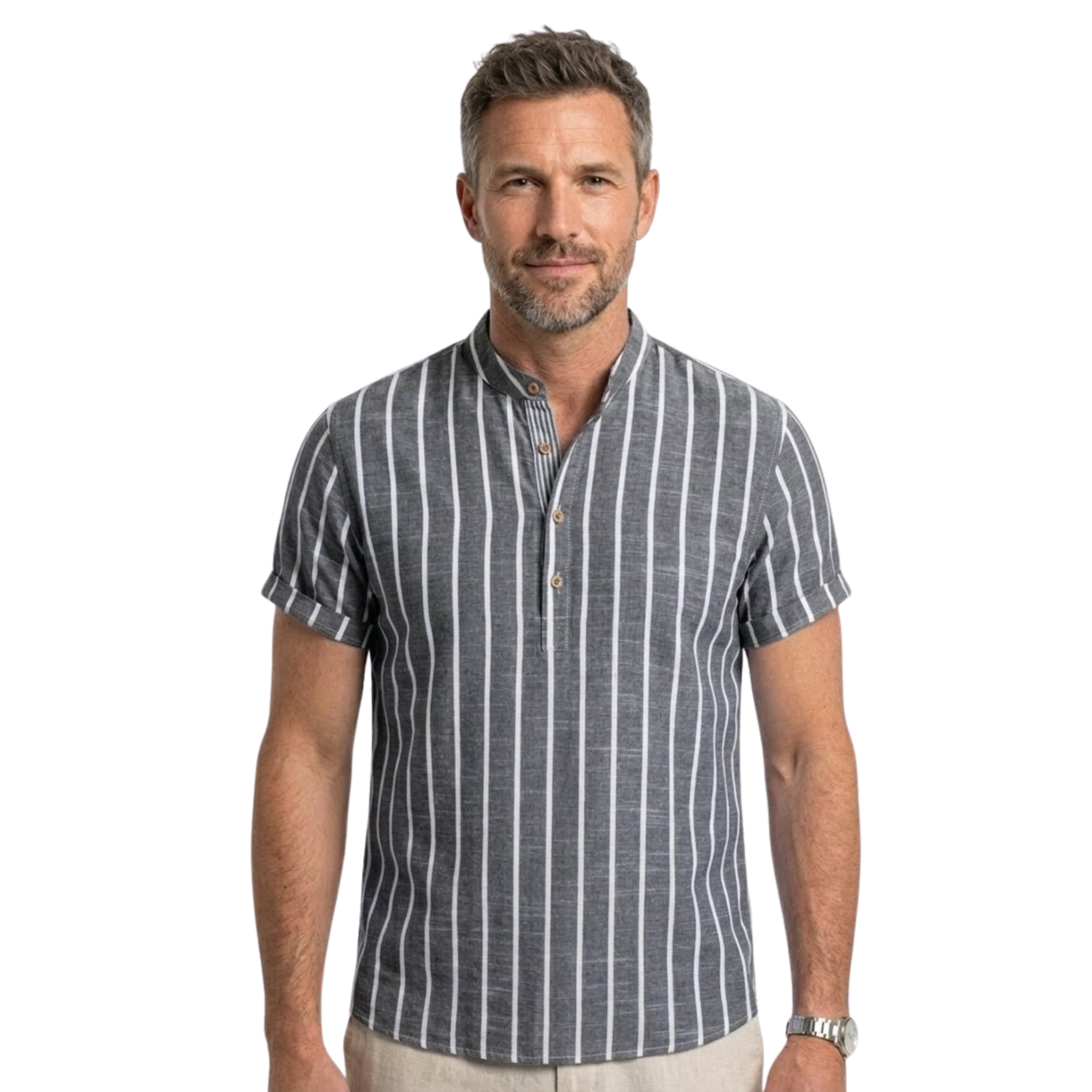 Short Sleeve Striped Linen Shirt Men Stand Collar Casual Button Up Summer Tops