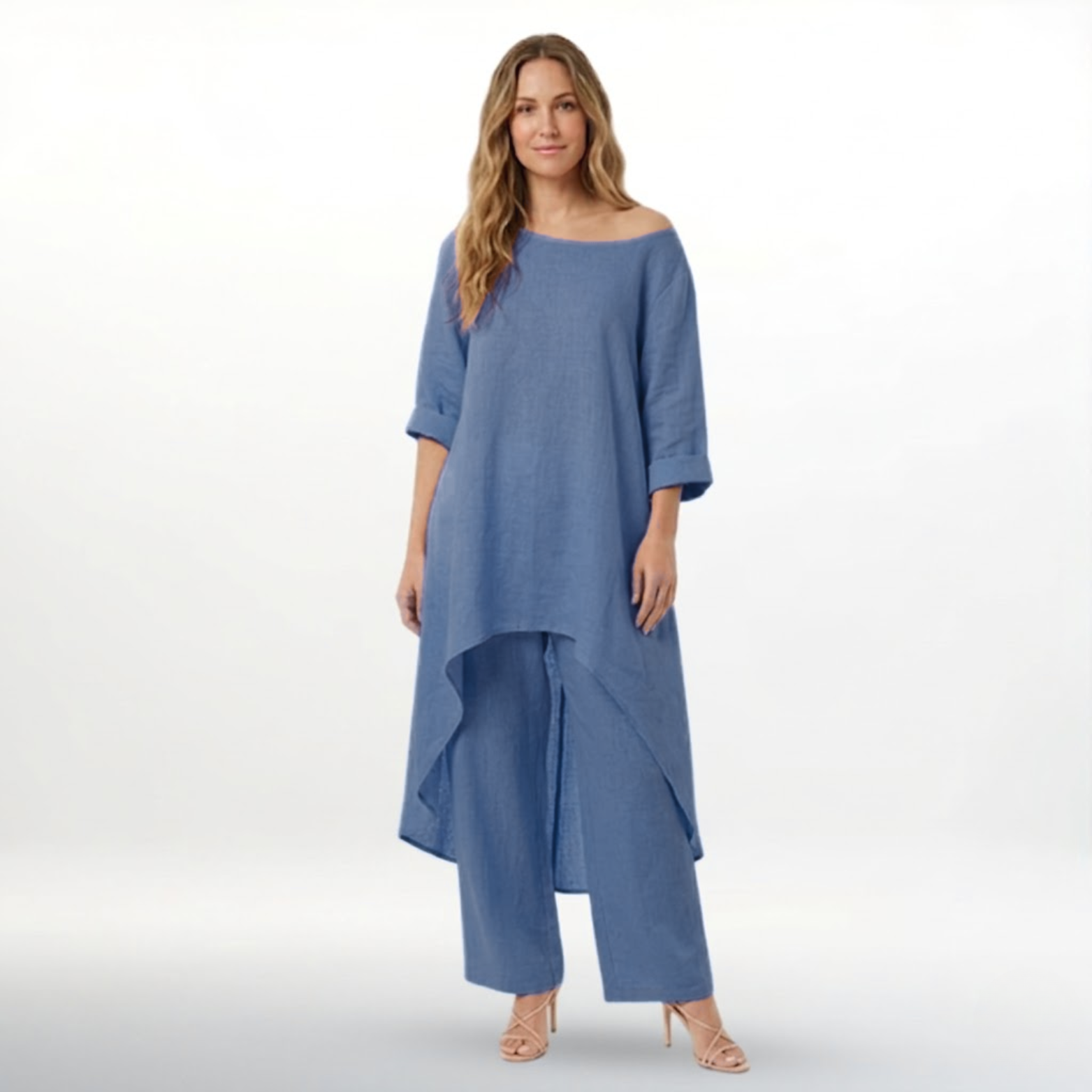 Women’s Cotton Linen Two Piece Set Irregular Hem Long Top and Wide Leg Pants