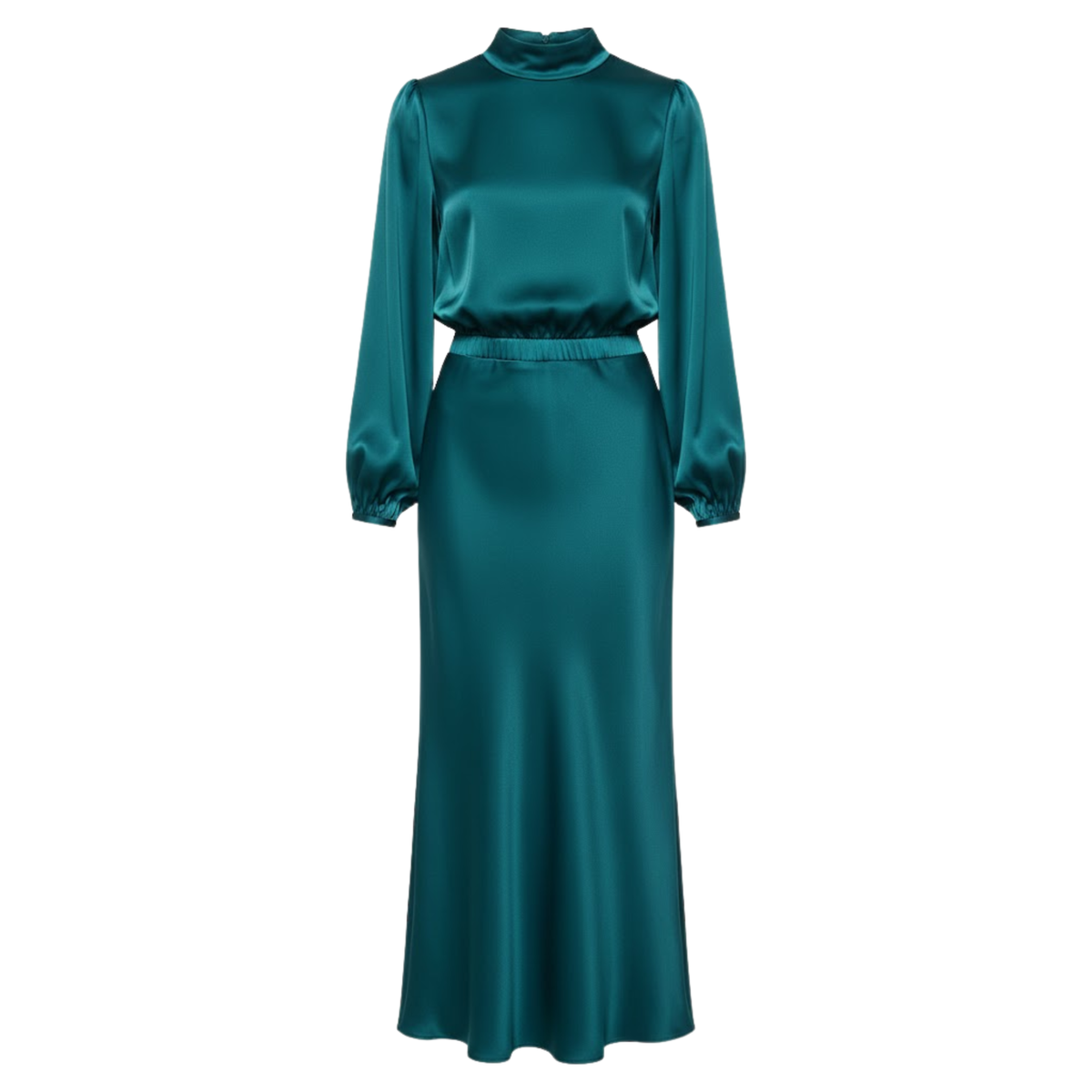 Satin High Neck Maxi Dress Long Sleeve Empire Waist Asymmetrical Evening Party Gown