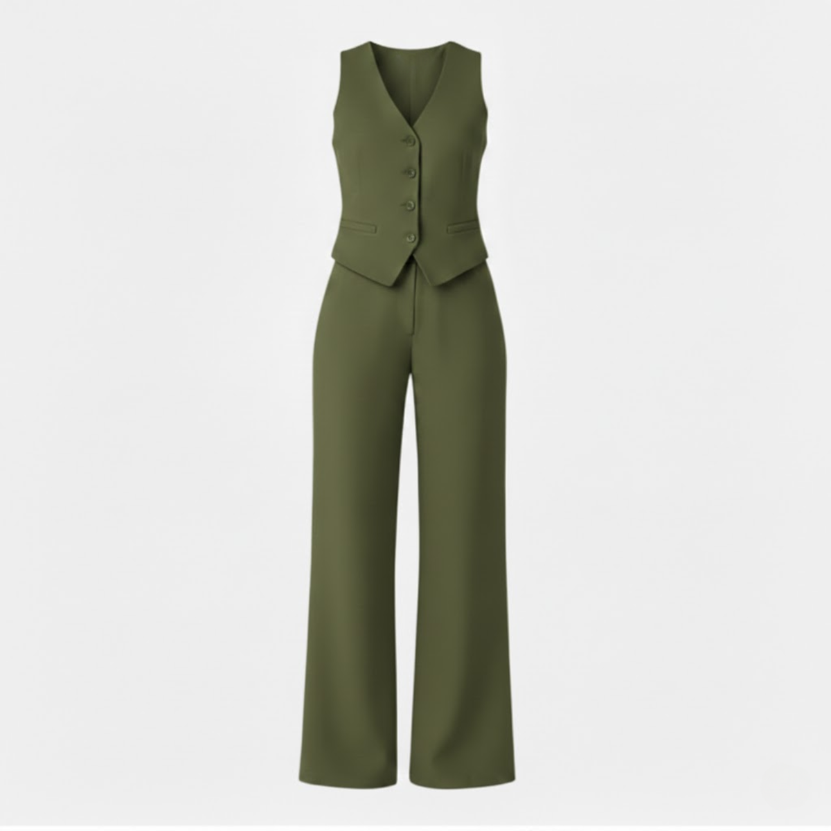 Women's Sleeveless V-Neck Waistcoat and High Waist Wide Leg Trouser Two Piece Set