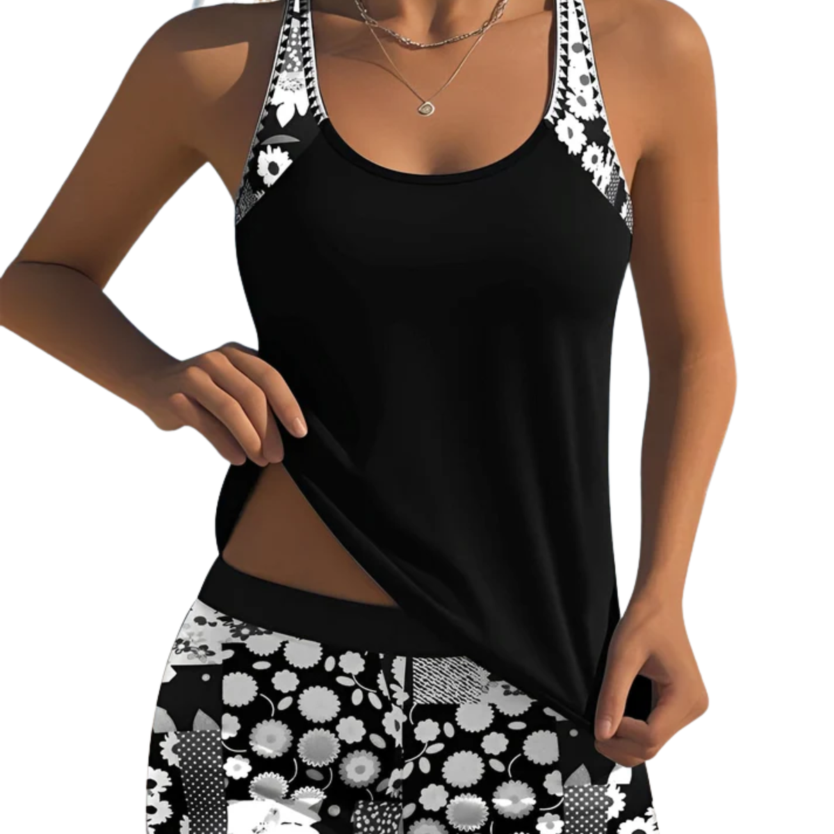 Printed Tankini Swimsuit Set with Scoop Neck Top and High-Waisted Shorts for Women