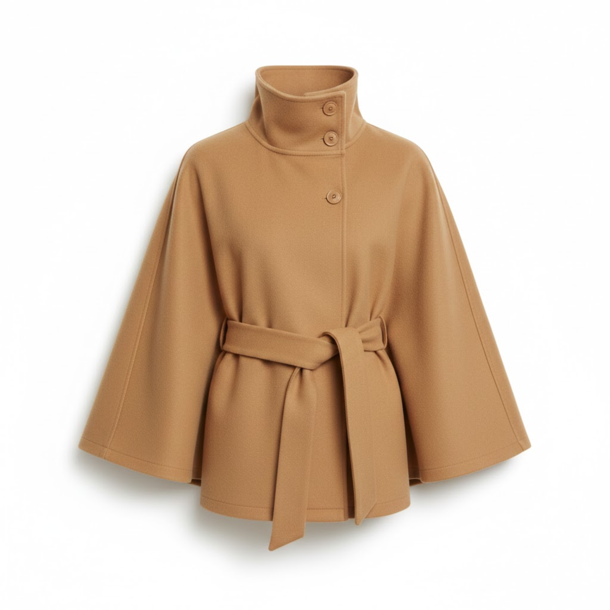 Women's Belted Cape Coat Funnel Neck Long Sleeve Polyester Button Cloak Outerwear