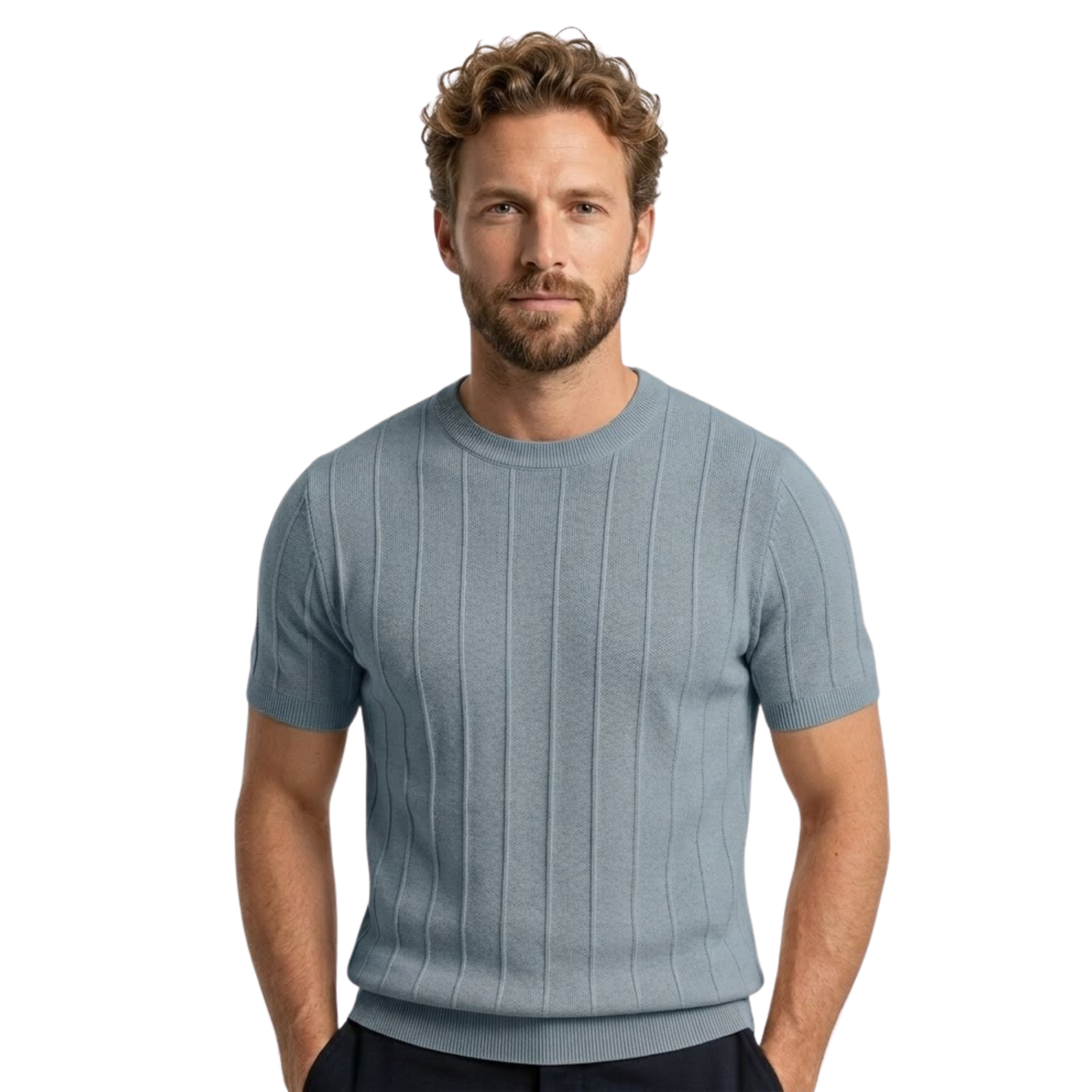Men's Knitted Ribbed T-Shirt Short Sleeve Crew Neck Cotton Slim Fit Casual Top