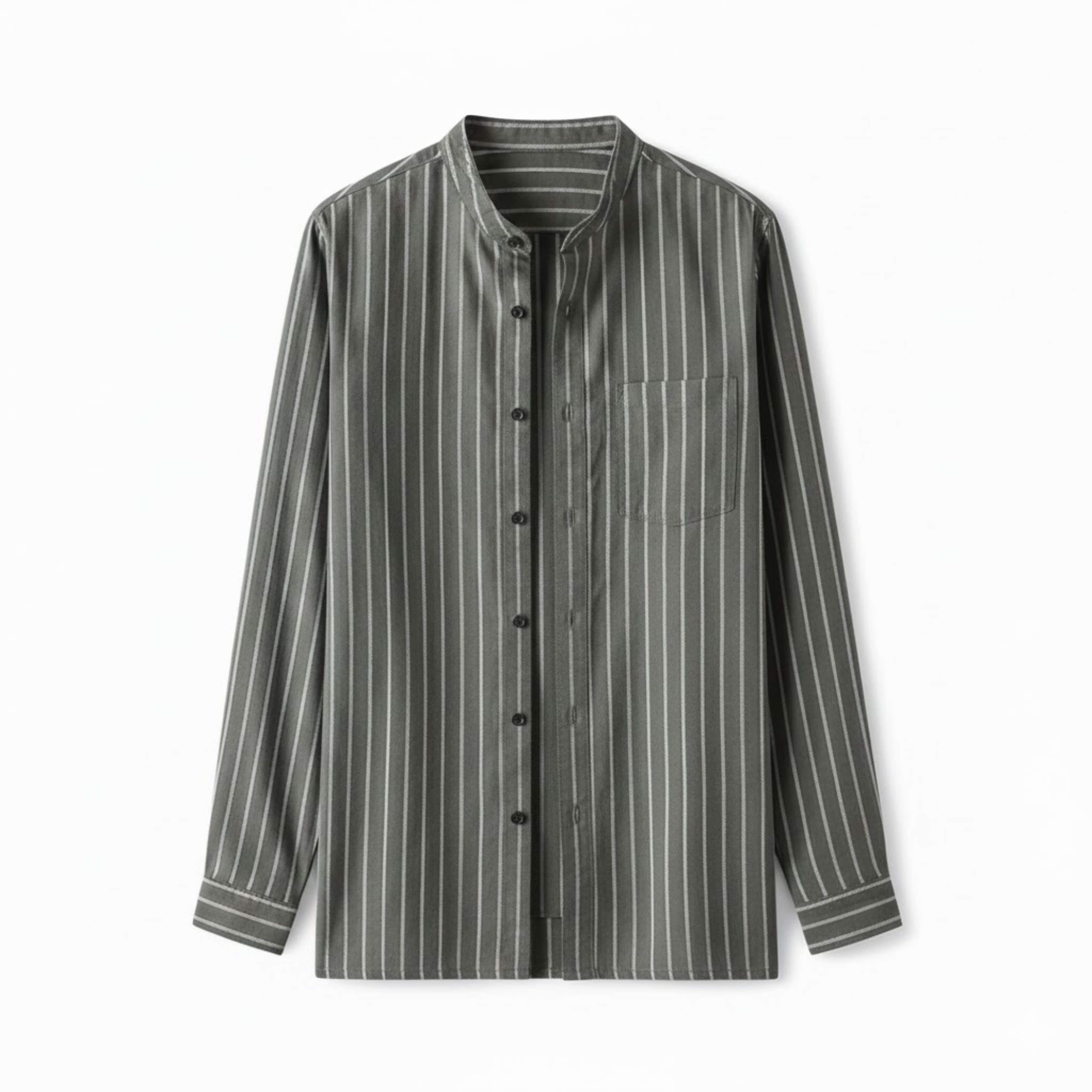 Men's Cotton Linen Striped Shirt Full Sleeve Stand Collar Single Breasted Casual Top