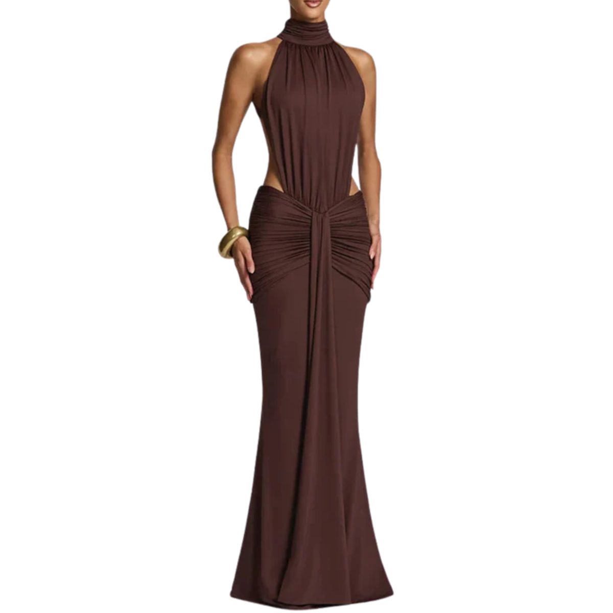 High Neck Backless Maxi Dress Ruched Waist Cut Out Sleeveless Wedding Guest Dress