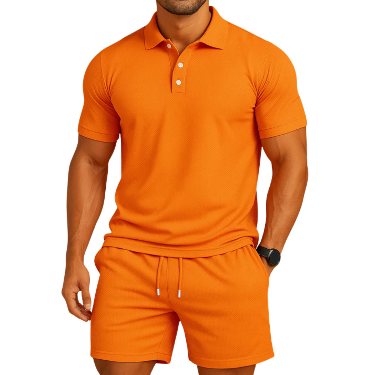 Men's two-piece polo set — drawstring shorts — casual summer holiday