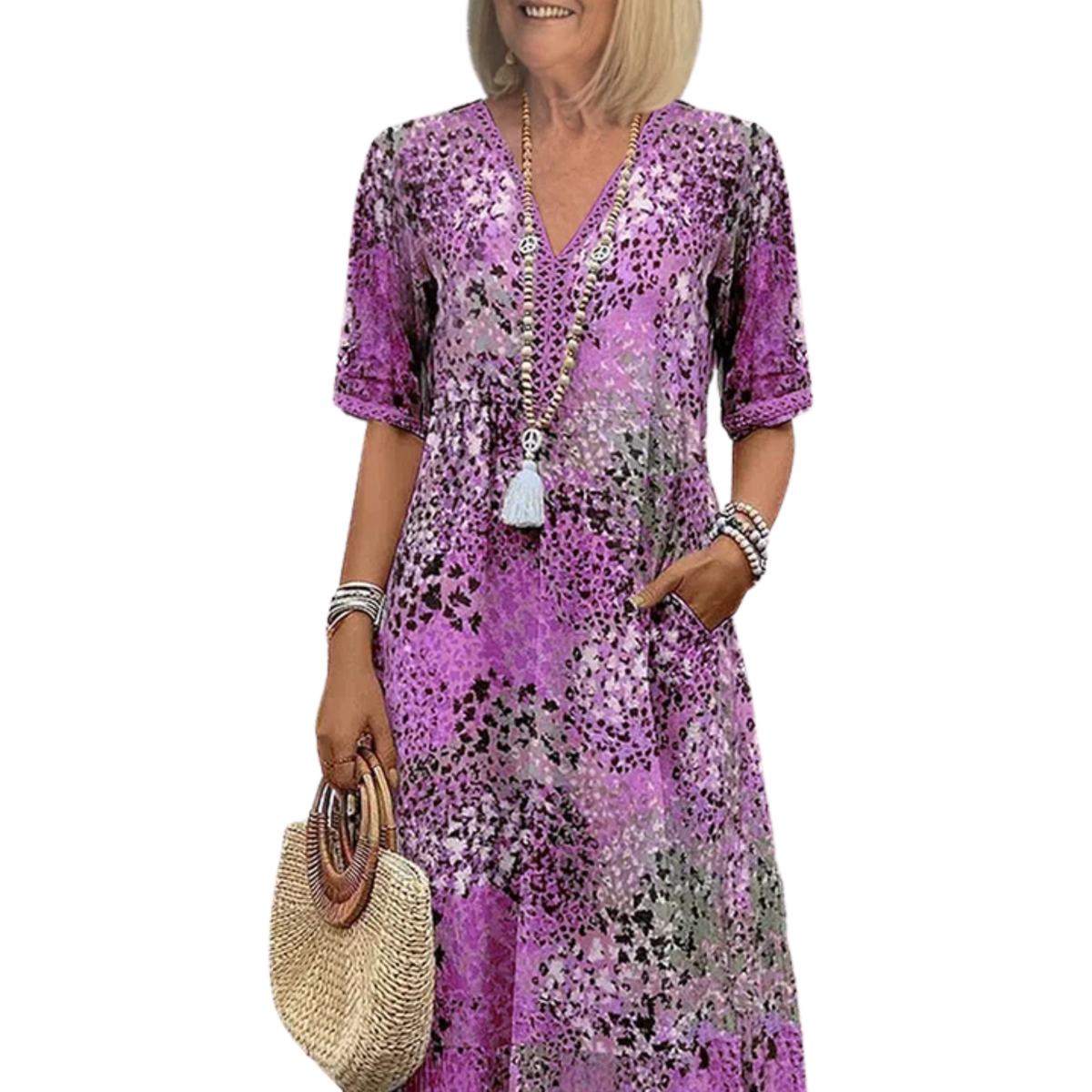 Women's printed midi dress — V-neck a-line with pockets — casual daily