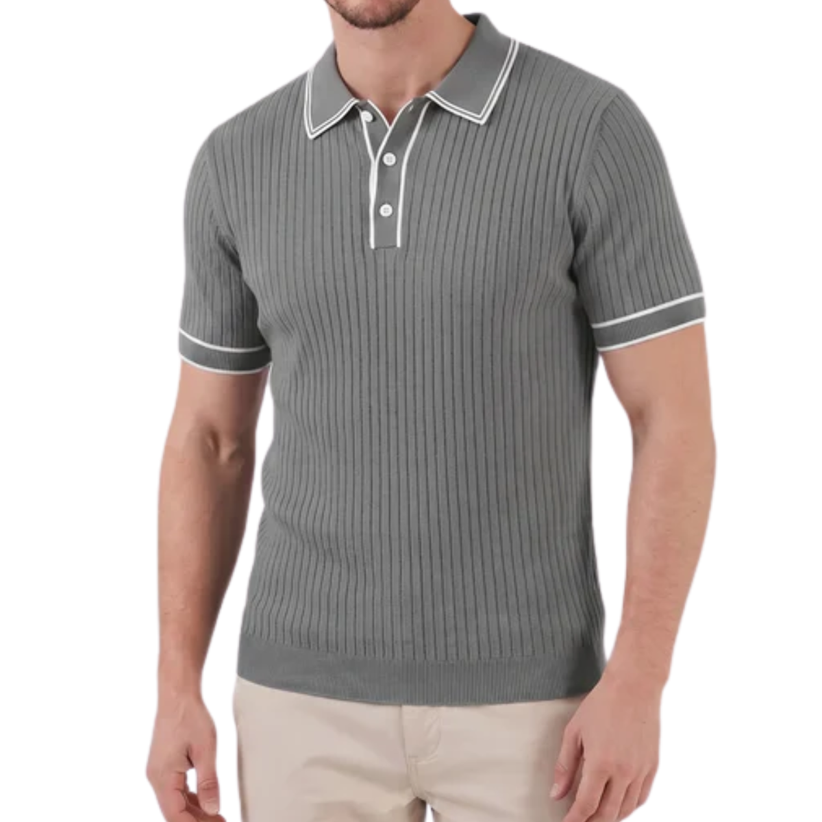 Men's ribbed knit polo — regular fit contrast trim — casual daily