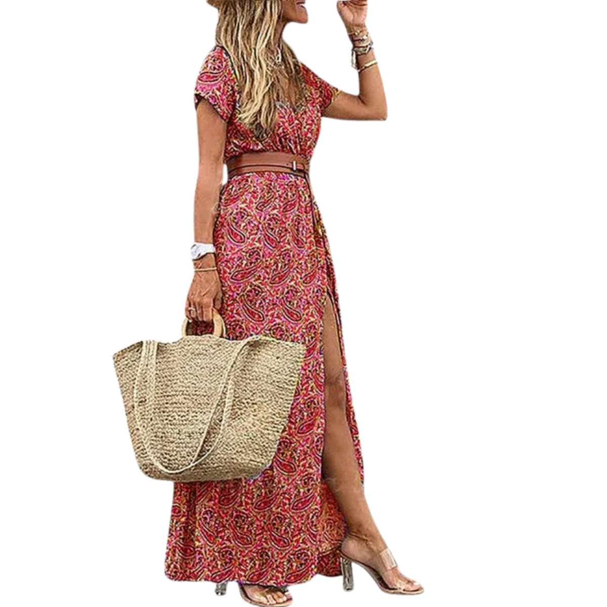 Boho Maxi Dress V-Neck Short Sleeve Floral Print Side Slit Casual Summer Gown