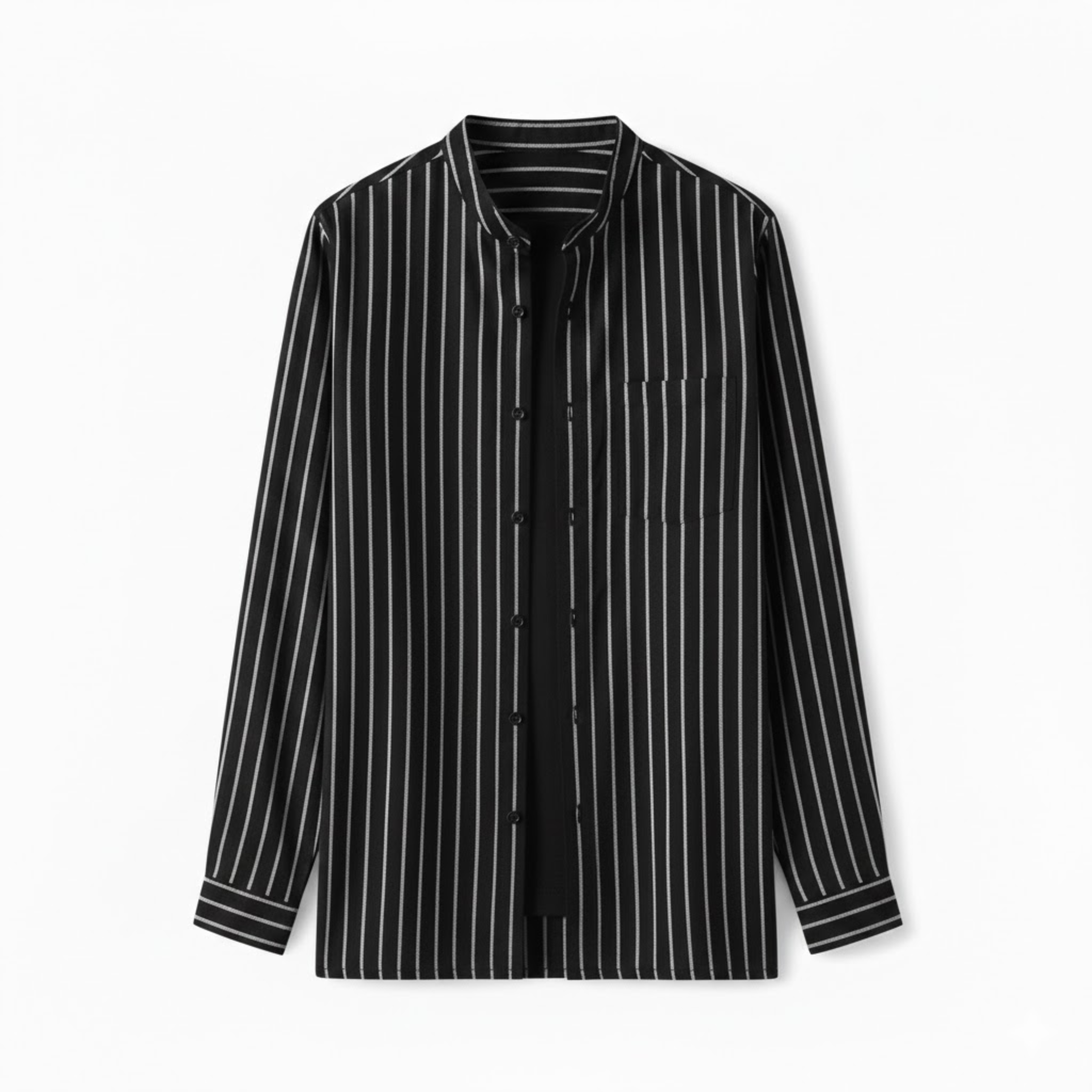 Men's Cotton Linen Striped Shirt Full Sleeve Stand Collar Single Breasted Casual Top