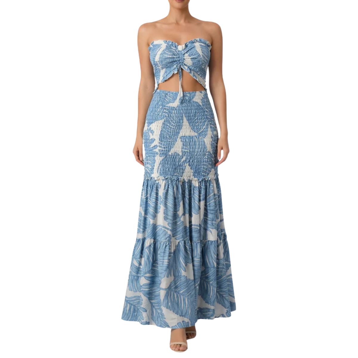 Women's Strapless Maxi Dress Tropical Leaf Print Ruched Waist Cut-Out Beach Dress