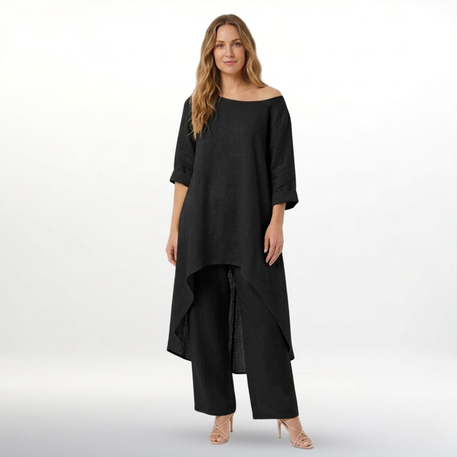 Women’s Cotton Linen Two Piece Set Irregular Hem Long Top and Wide Leg Pants