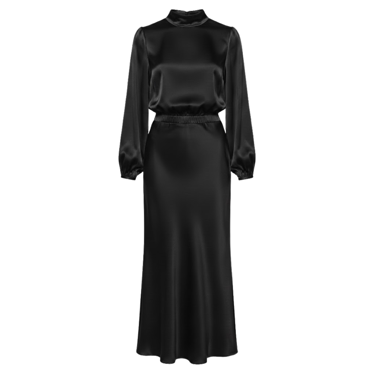 Satin High Neck Maxi Dress Long Sleeve Empire Waist Asymmetrical Evening Party Gown