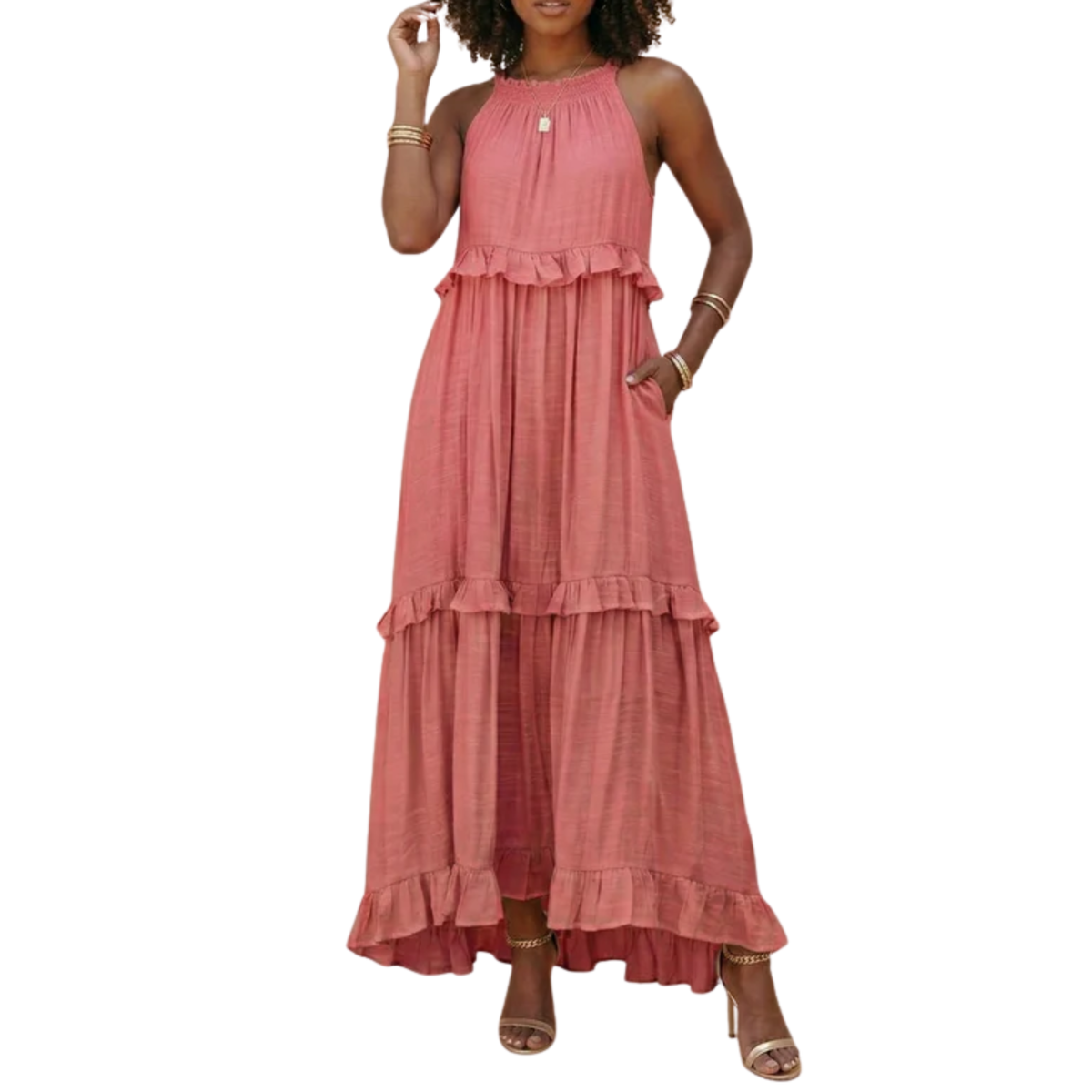 Women's Tiered Maxi Dress Halter Neck Cotton Blend Sleeveless Flowing Wedding Guest Dress