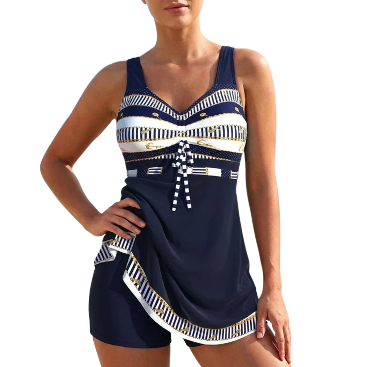 Women’s Slim Fit Swim Dress Tankini Set with V-Neck and Flared Skirt