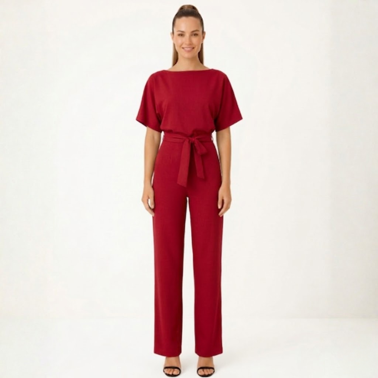 Wide Leg Jumpsuit for Women with Belted Waist and Short Kimono Sleeves