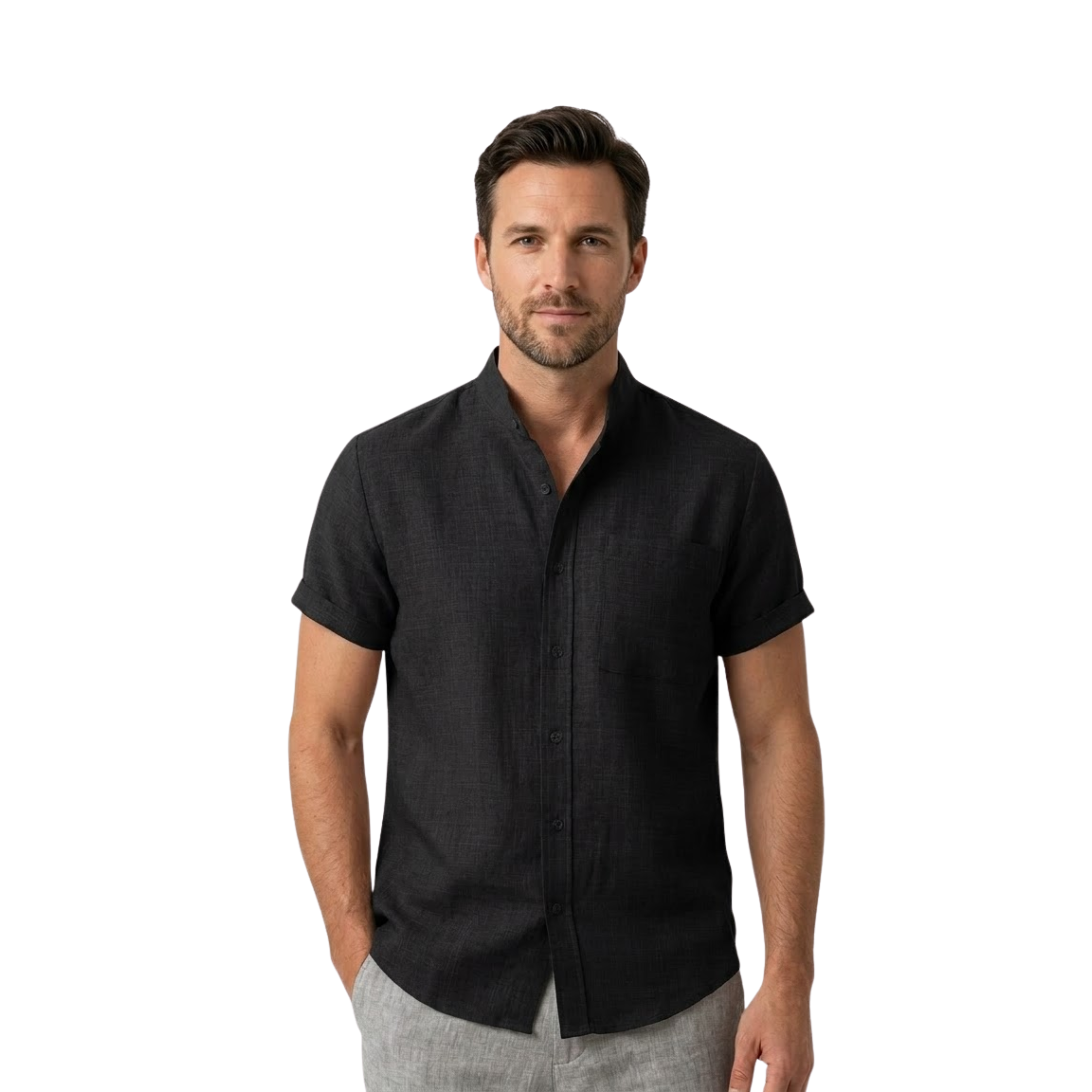 Men's Short Sleeve Cotton Linen Shirt Casual Loose Mandarin Collar Beach Top