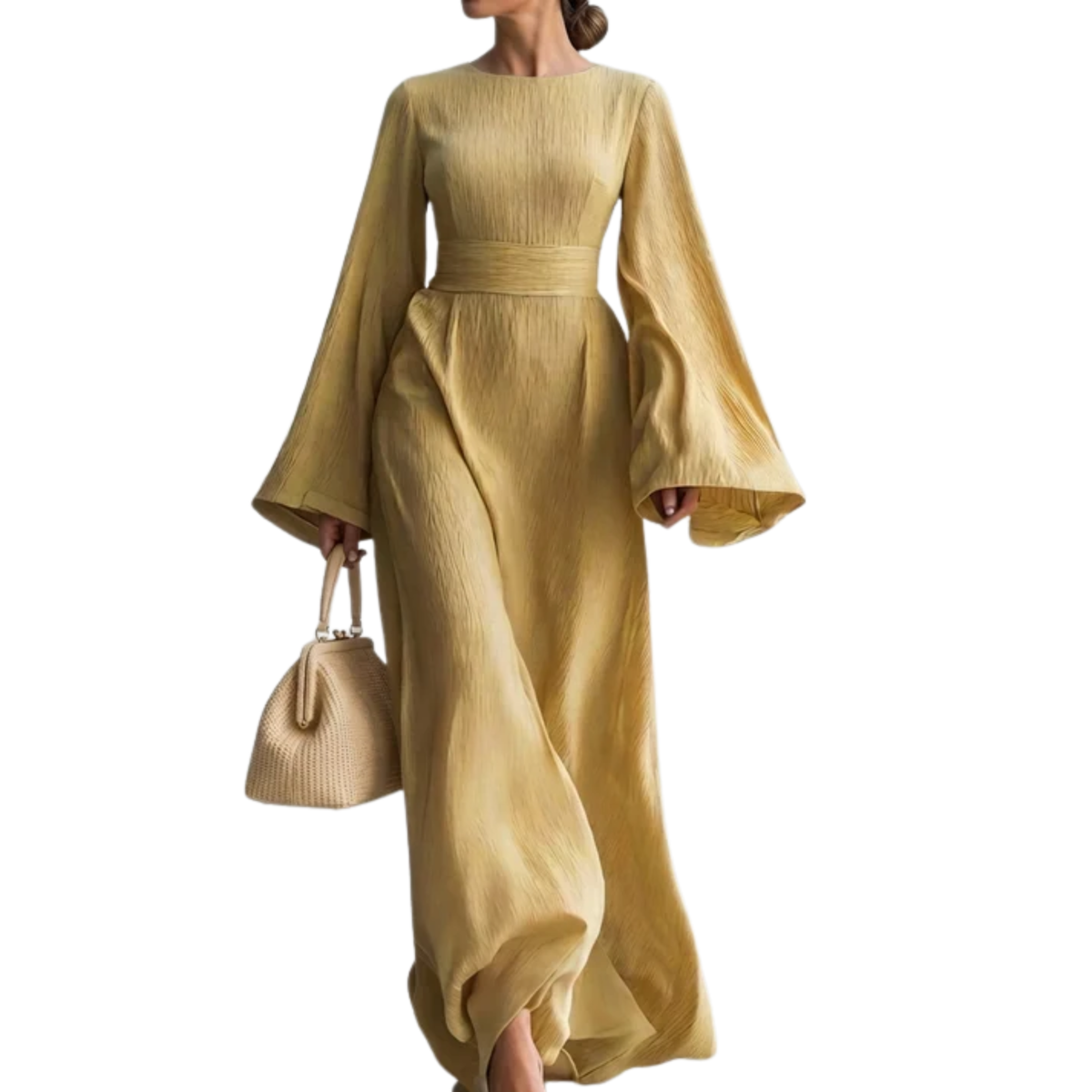 Women's Crew Neck Maxi Dress Bell Sleeve Ribbed Belted Waist Flowy Long Dress