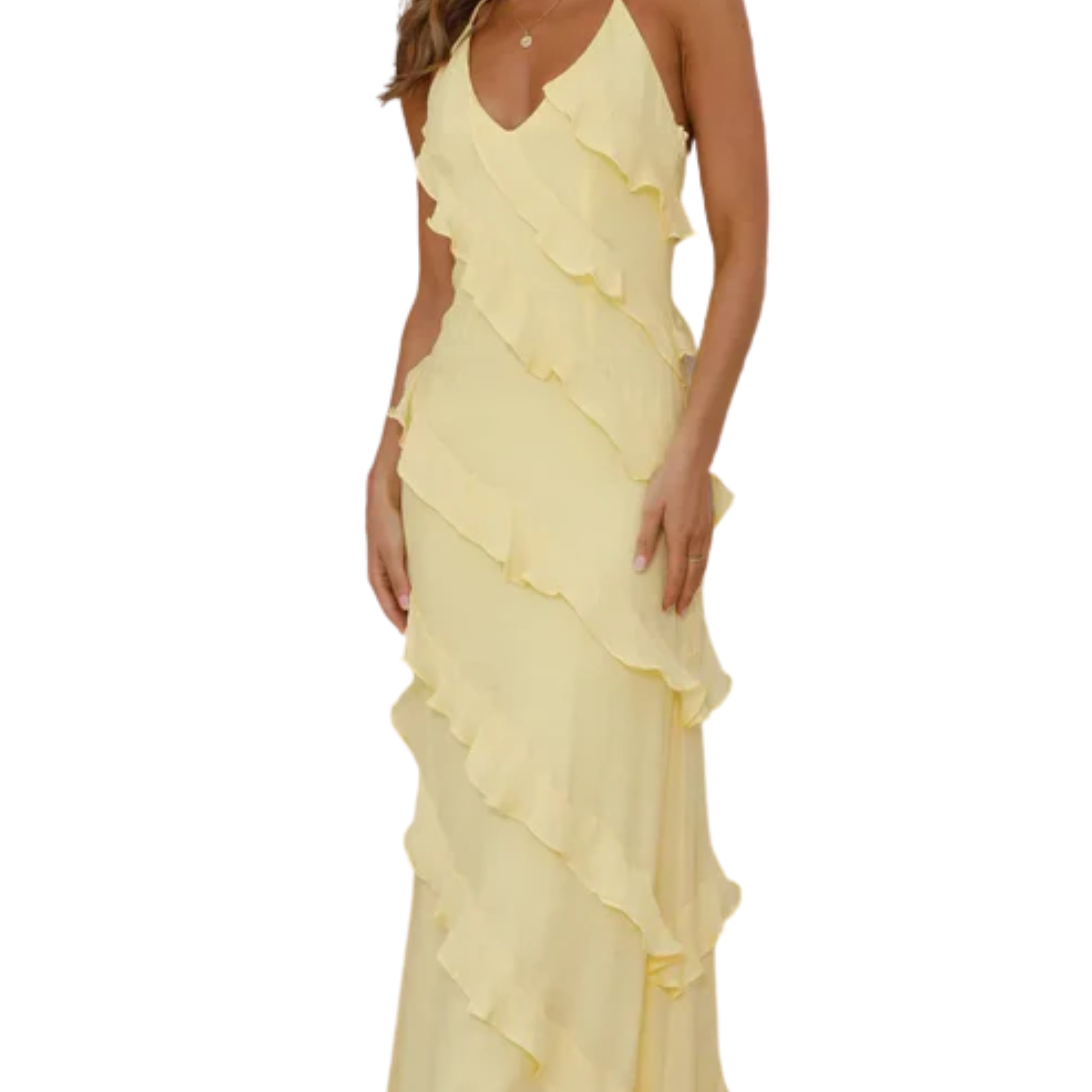 Women's ruffle maxi dress — halter neck tiered evening gown — wedding guest
